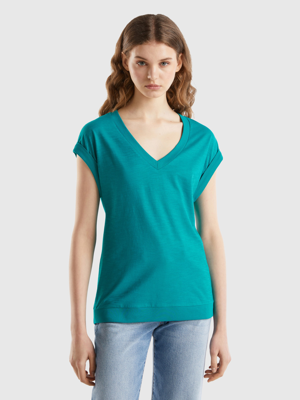Benetton, Camiseta Con Escote De Pico, Verde Petróleo, Mujer