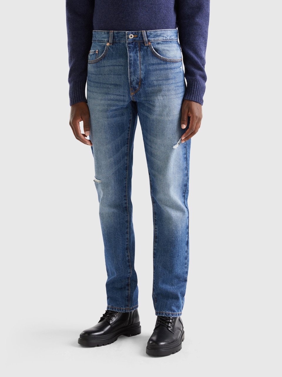 Benetton, Straight-fit-jeans Mit Rissen, Azurblau, male