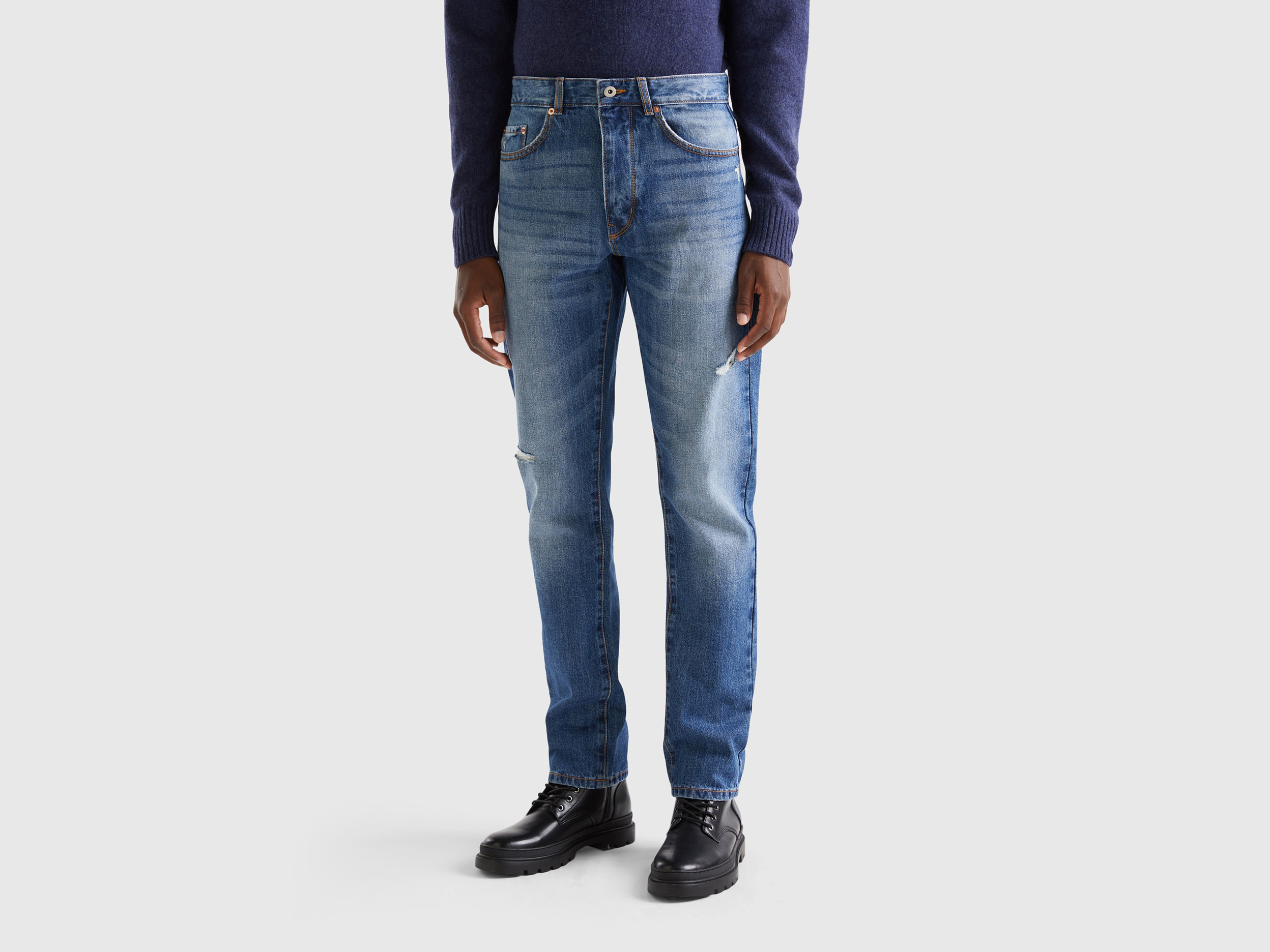 Benetton, Straight Leg Jeans With Tears, size 30, Light Blue, Men