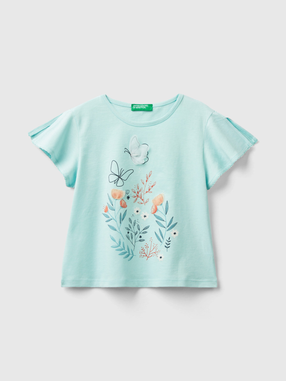 Benetton, T-shirt With Print And Tulle, Aqua, Kids