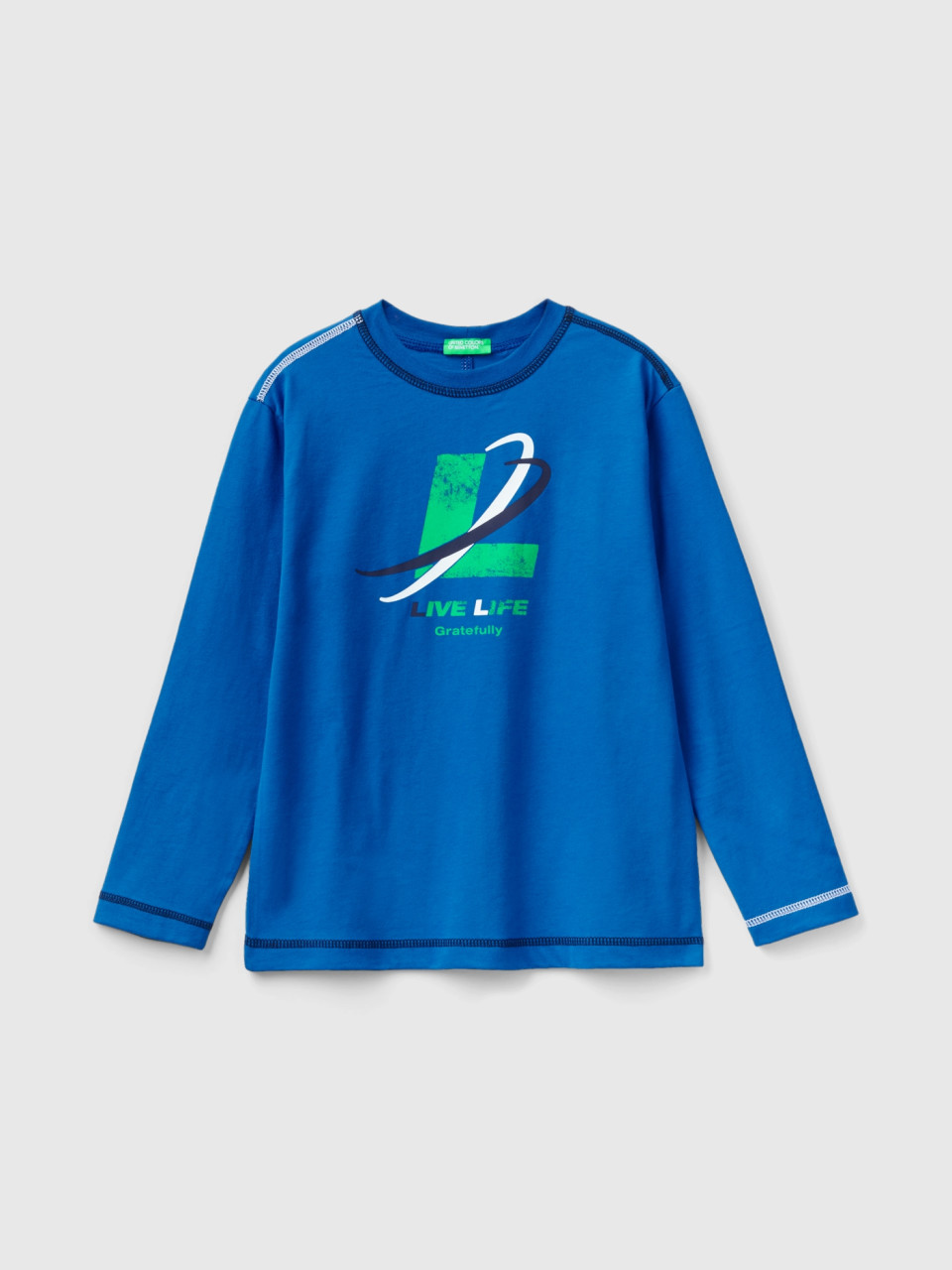 Benetton, T-shirt With Slogan Print, Bright Blue, Kids