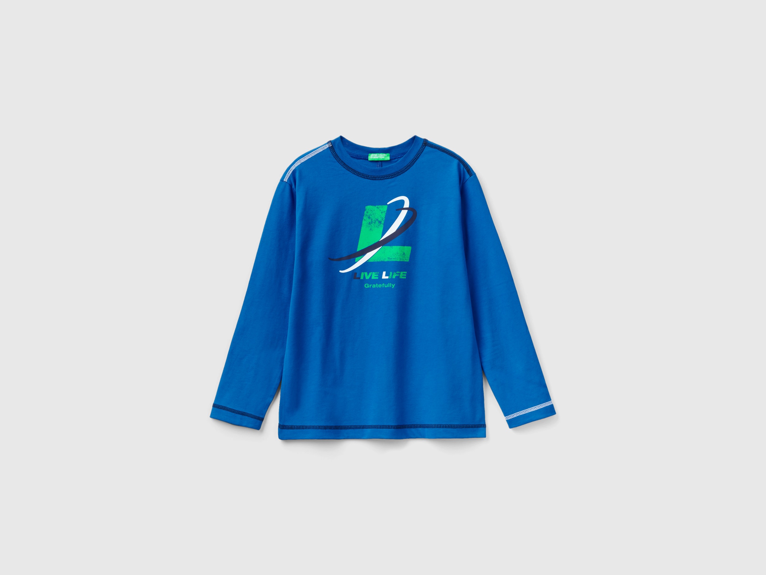 Benetton, T-shirt With Slogan Print, size 3XL, Bright Blue, Kids