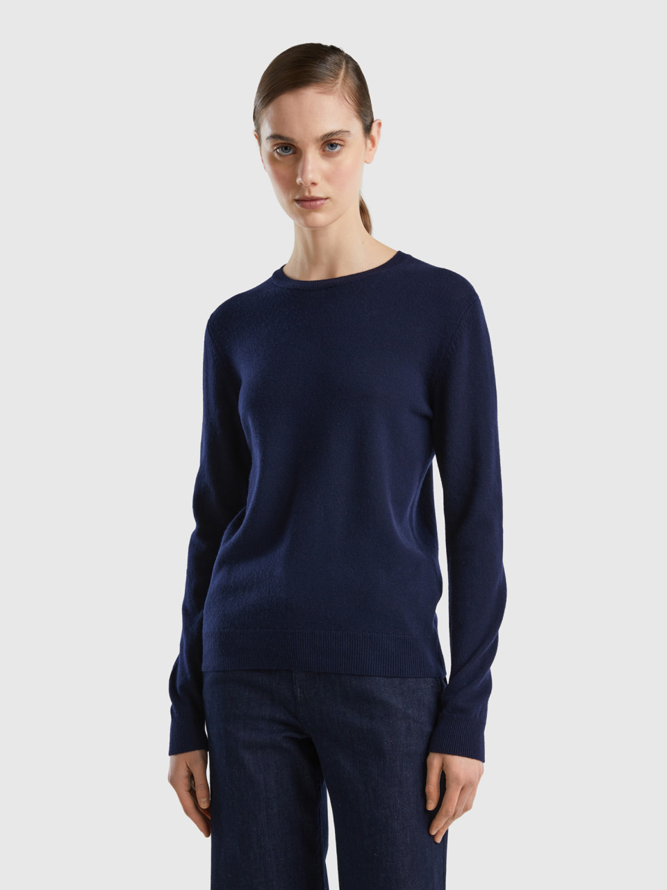 Benetton, Dark Blue Crew Neck Sweater In Merino Wool, Dark Blue, Women