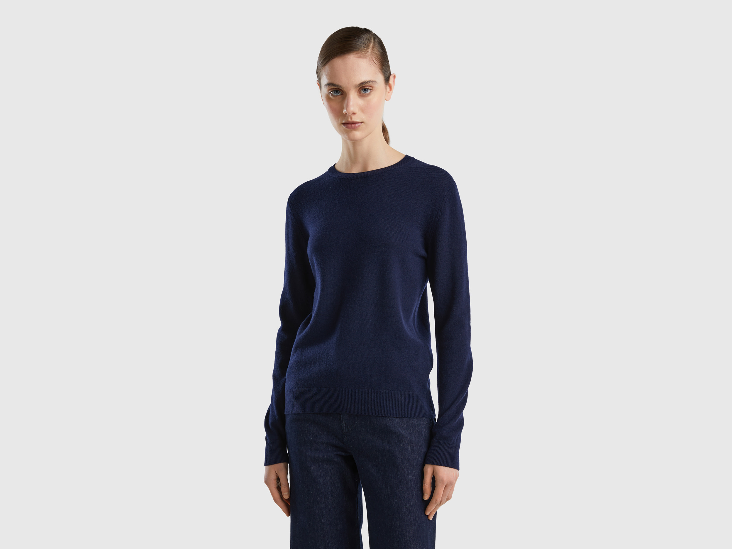 Benetton, Dark Blue Crew Neck Sweater In Merino Wool, size L, Dark Blue, Women