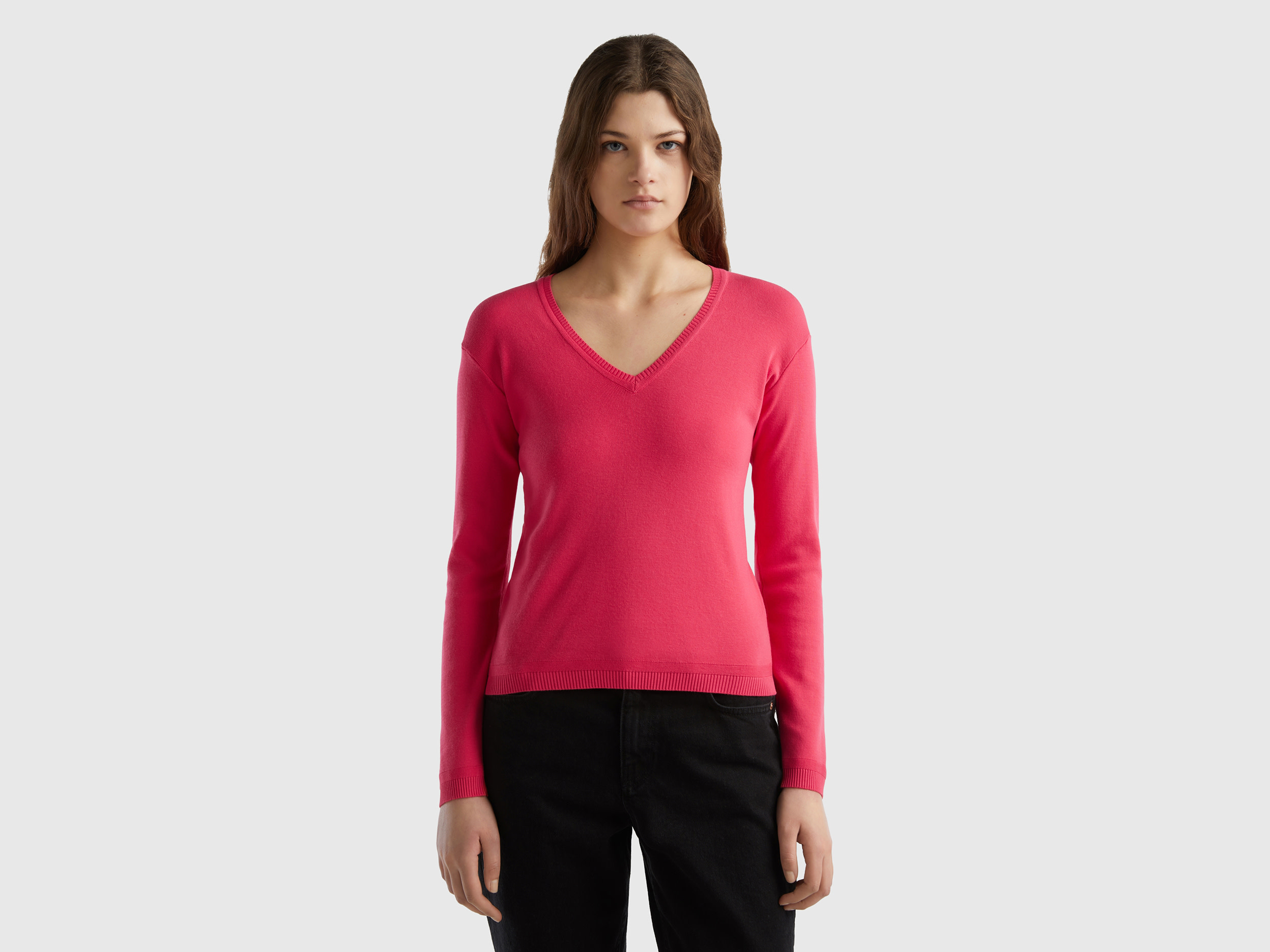 Benetton, V-neck Sweater In Pure Cotton, size XS, Fuchsia, Women