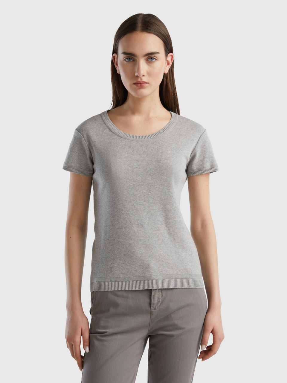 Benetton Online exclusive, Short Sleeve Sweater In 100% Cotton, Light Gray, Women