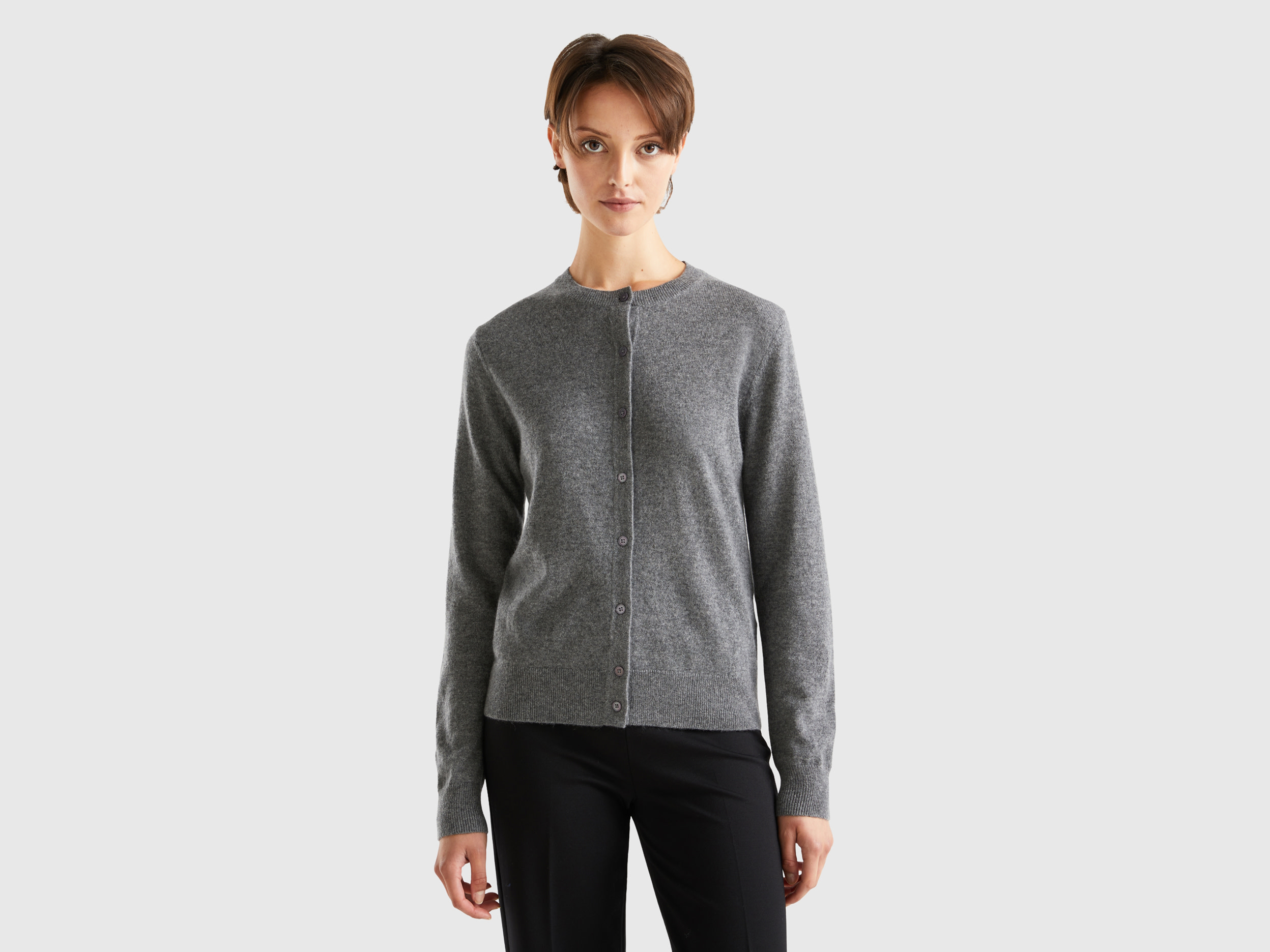 Benetton, Dark Gray Cardigan In Pure Cashmere, size XL, Dark Gray, Women