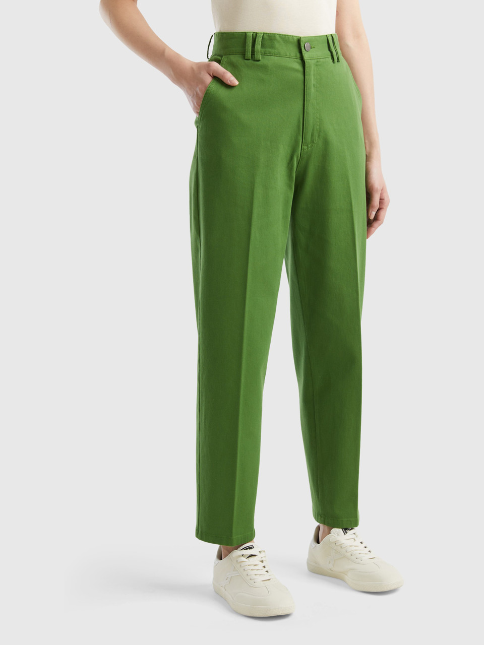 Benetton, Pantaloni Chino In Cotone E Modal®, Verde Militare, Donna