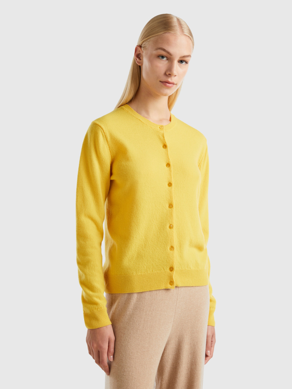 Benetton, Yellow Crew Neck Cardigan In Pure Merino Wool, Yellow, Women