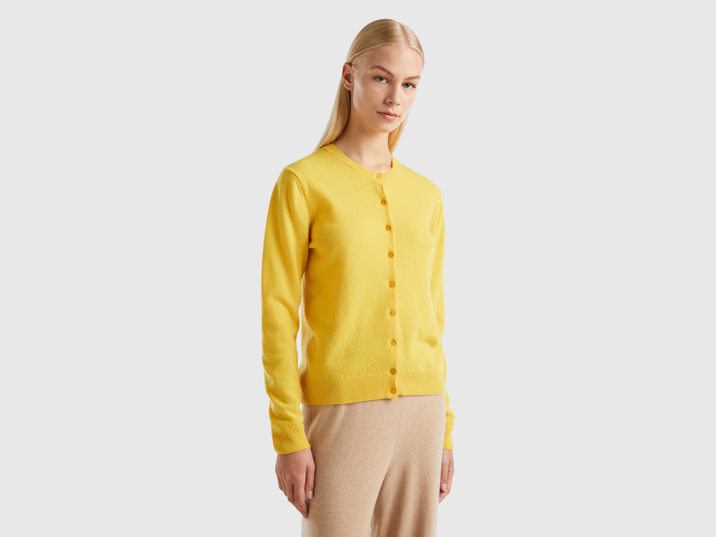 Benetton, Yellow Crew Neck Cardigan In Pure Merino Wool, size XL, Yellow, Women