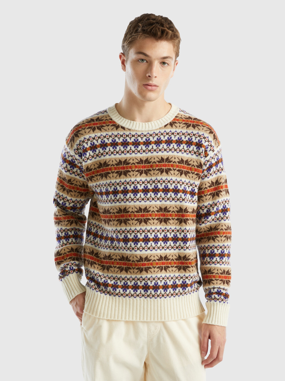 Benetton, Jacquard Sweater In Wool Blend, Creamy White, Men