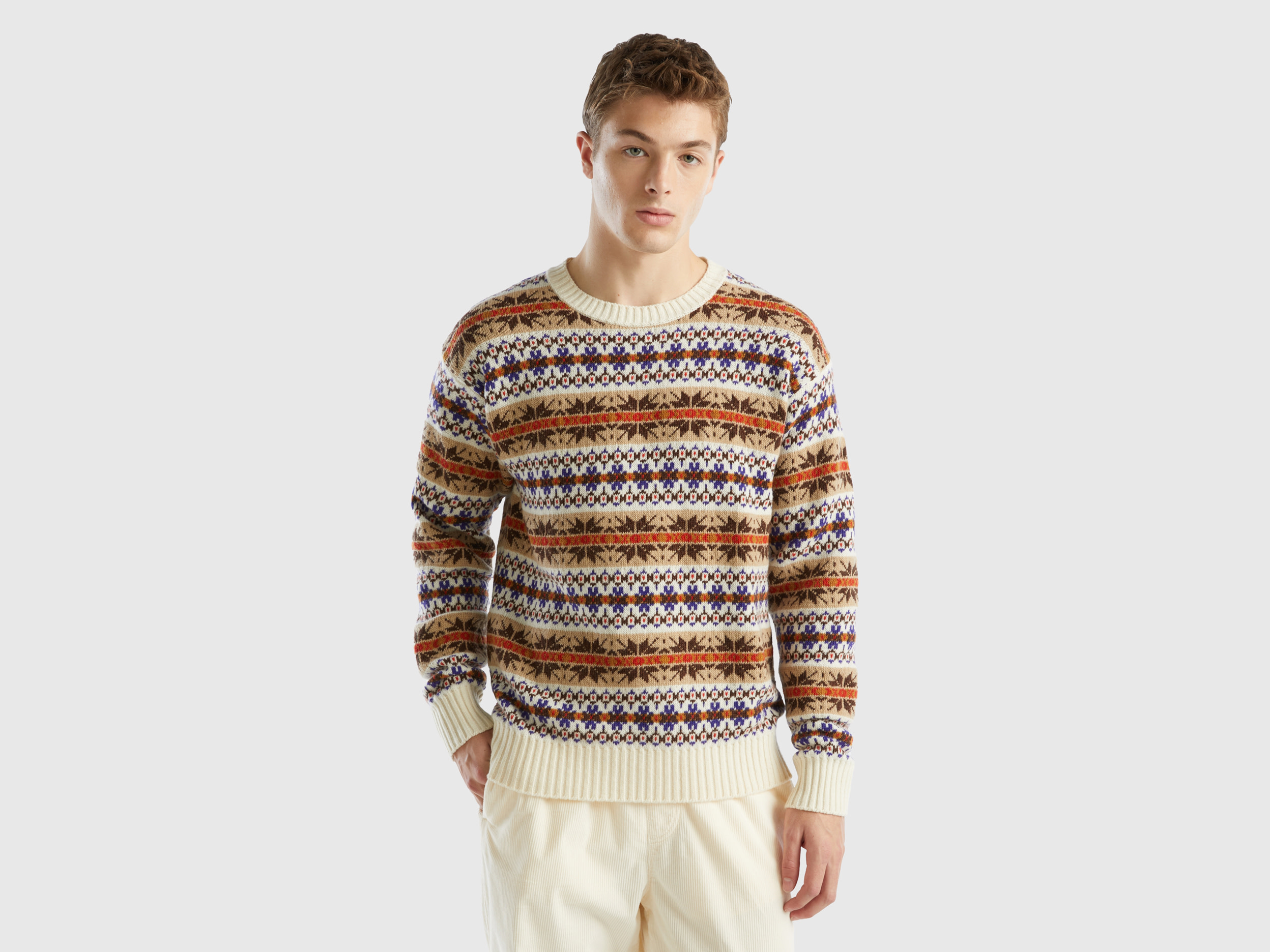 Benetton, Jacquard Sweater In Wool Blend, size M, Creamy White, Men