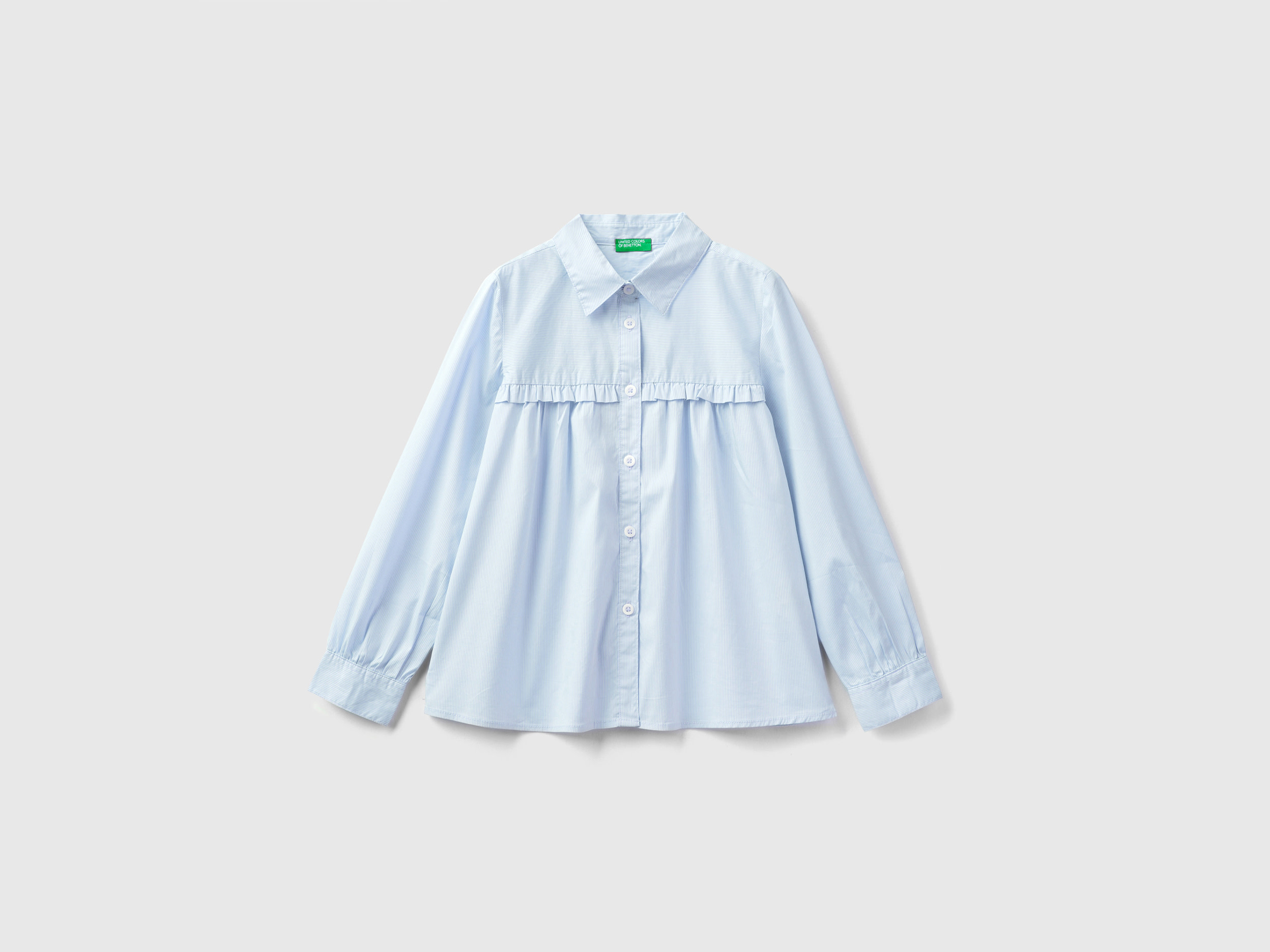 Benetton, Shirt With Rouches On The Yoke, size L, Sky Blue, Kids