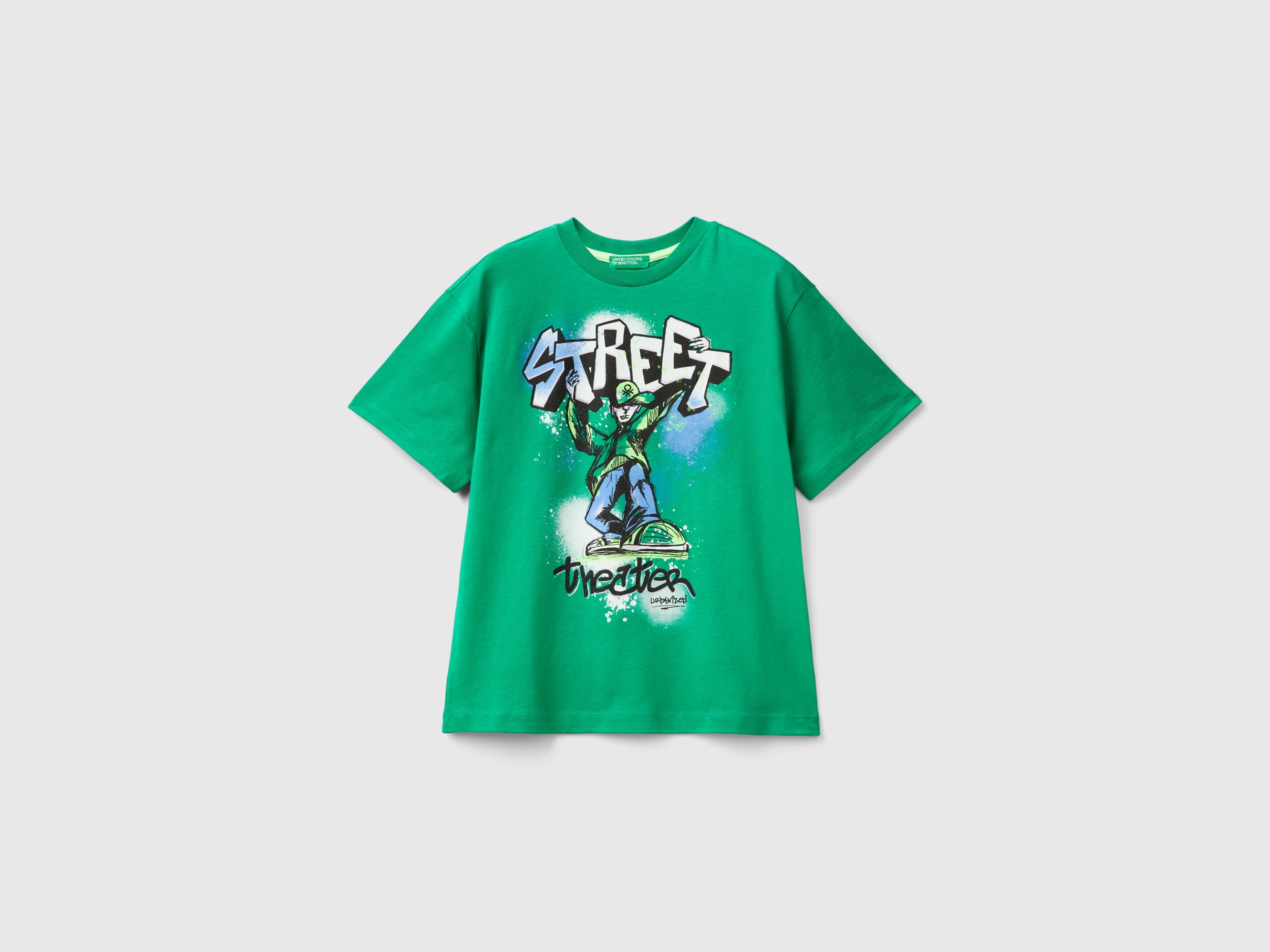 Benetton, Maglietta Con Stampa Graffiti, Verde, Bambini