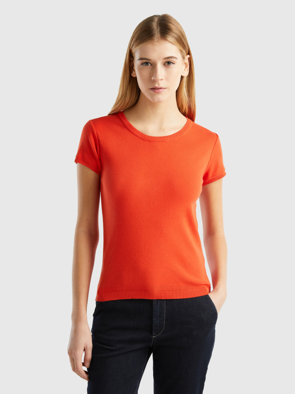 Benetton, Short Sleeve Sweater In 100% Cotton, Red, Women