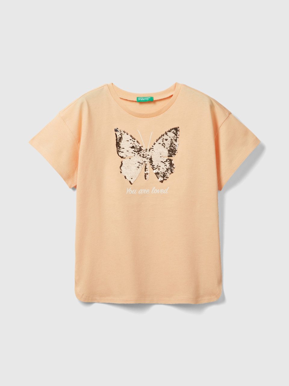 Benetton, T-shirt With Reversible Sequins, Peach, Kids