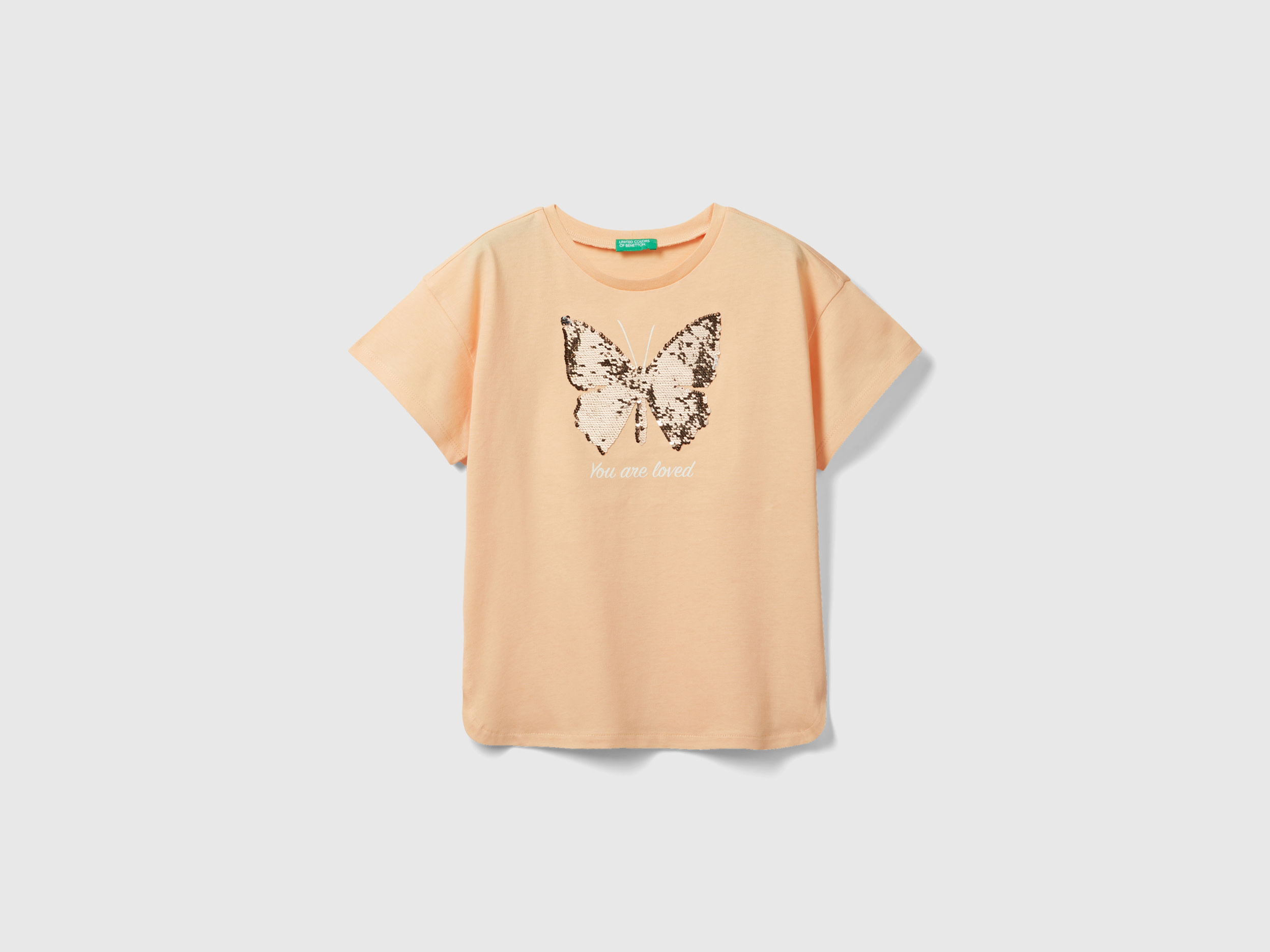 Image of Benetton, T-shirt With Reversible Sequins, size S, Peach, Kids