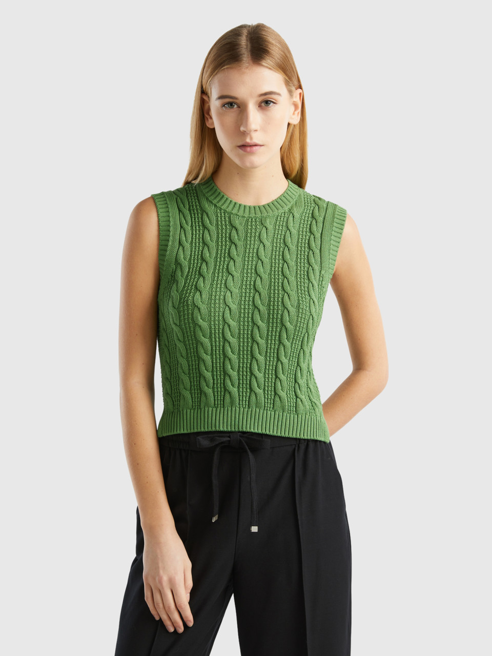 Benetton, Cropped Cable Knit Vest, Military Green, Women