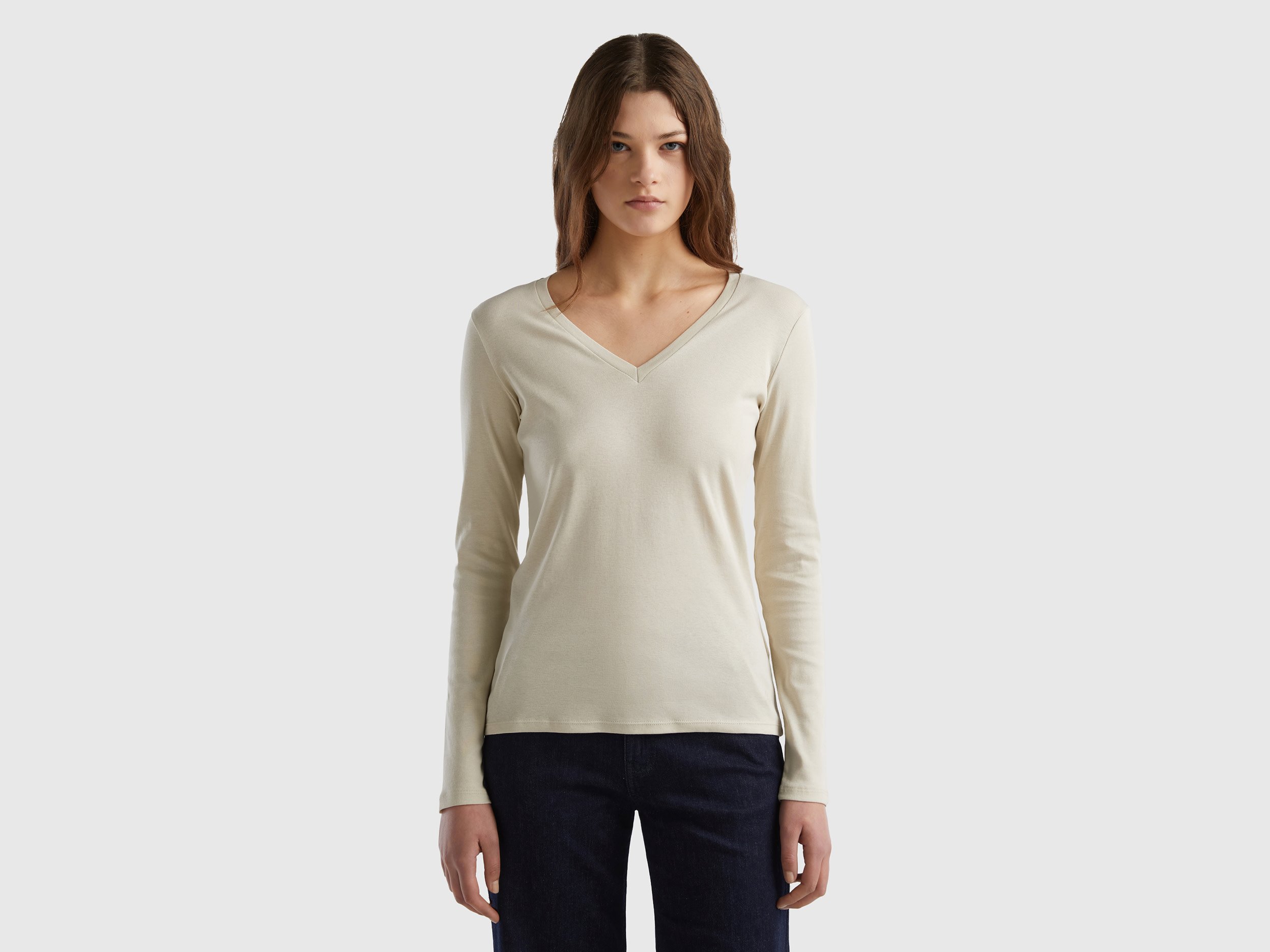 United Colors of Benetton Benetton, T-shirt Μακρυμάνικο Με V Λαιμόκοψη, size XXS, Μπεζ, Γυναικεία