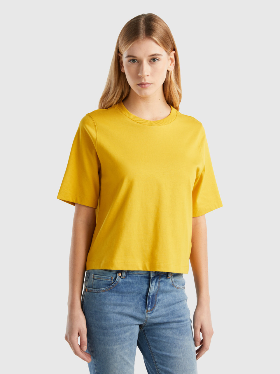 Benetton, 100% Cotton Boxy Fit T-shirt, Yellow, Women