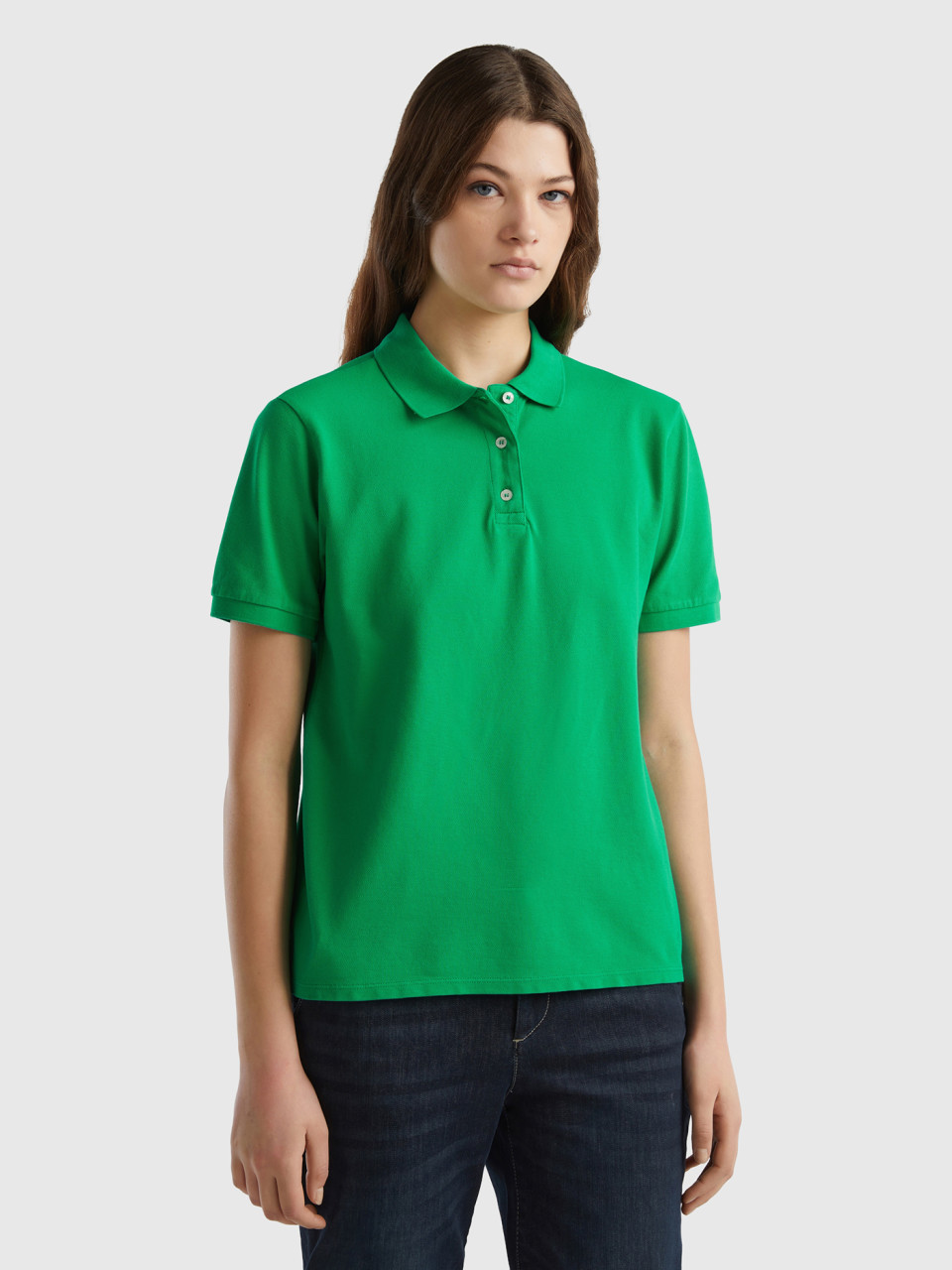 Benetton, Polo In Stretch Organic Cotton, Green, Women