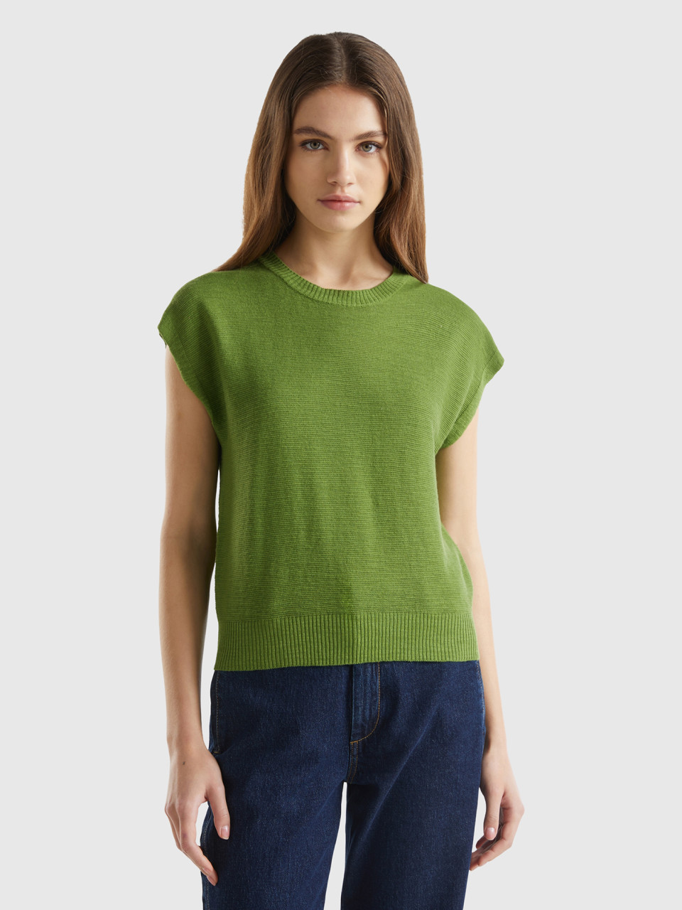 Benetton, Vest In Cotton And Linen Blend, Military Green, Women