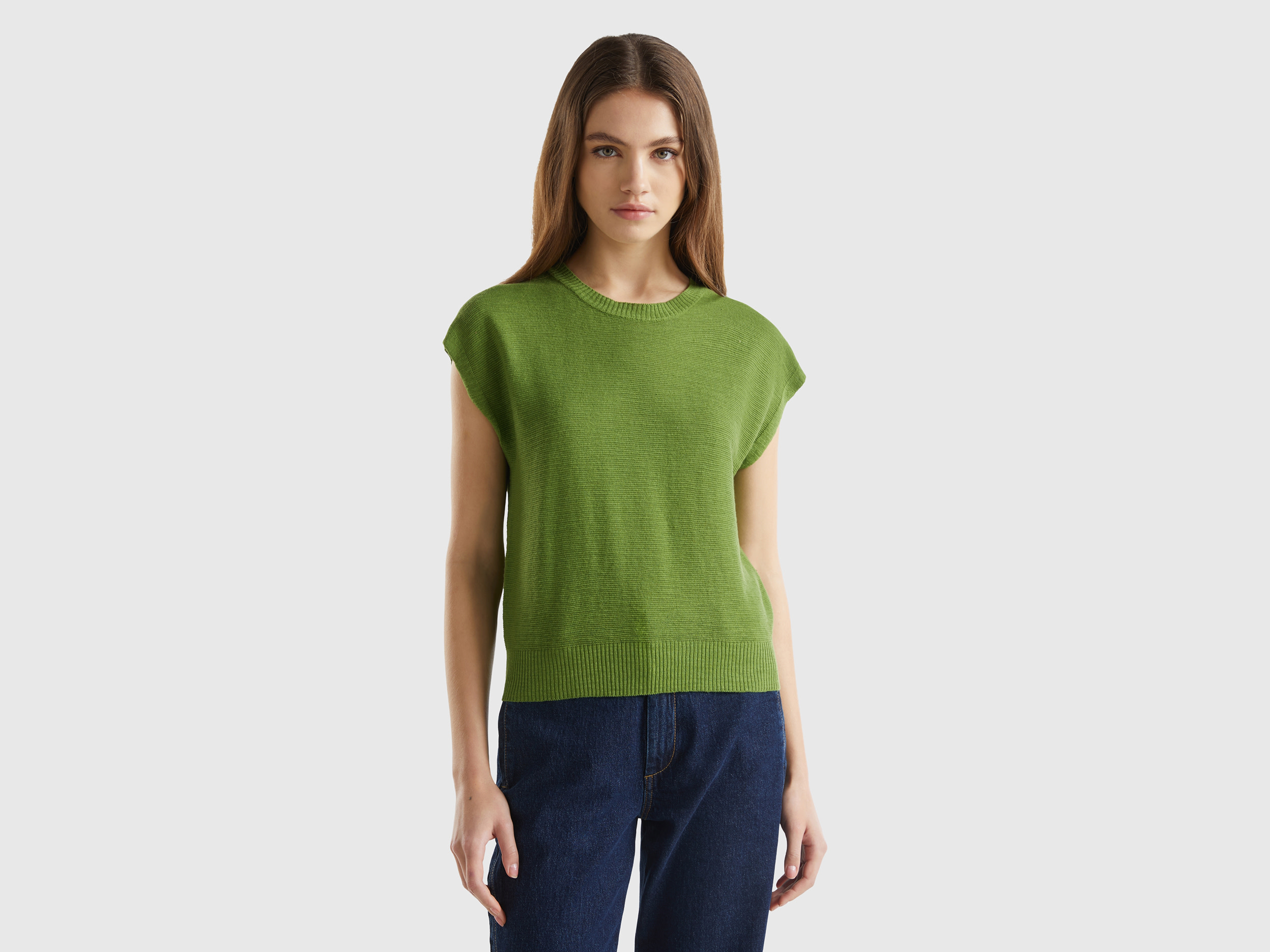 Benetton, Gilet In Misto Cotone E Lino, Verde Militare, Donna
