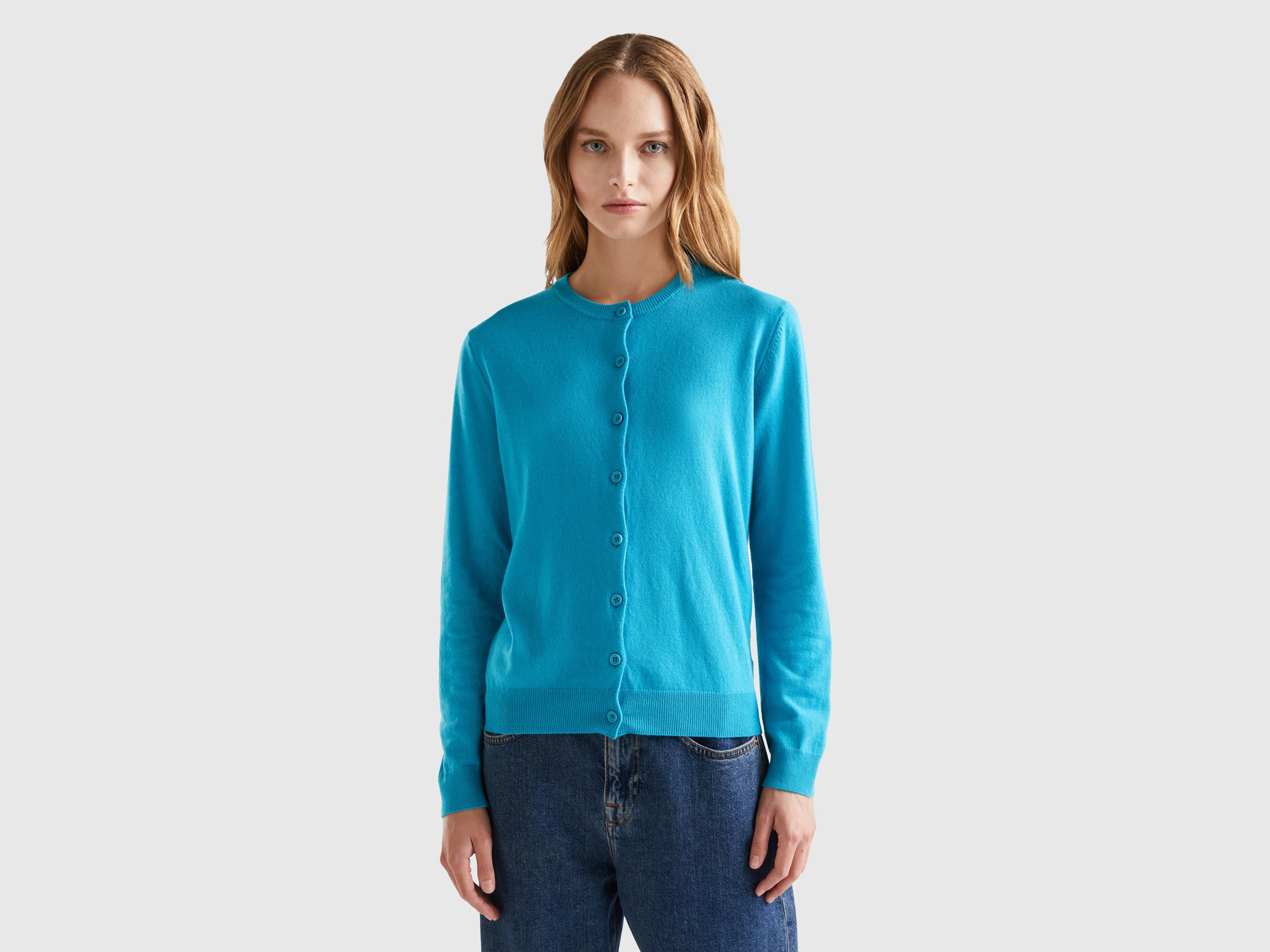 Benetton, Light Blue Cardigan In Cashmere And Wool Blend, size S, Light Blue, Women