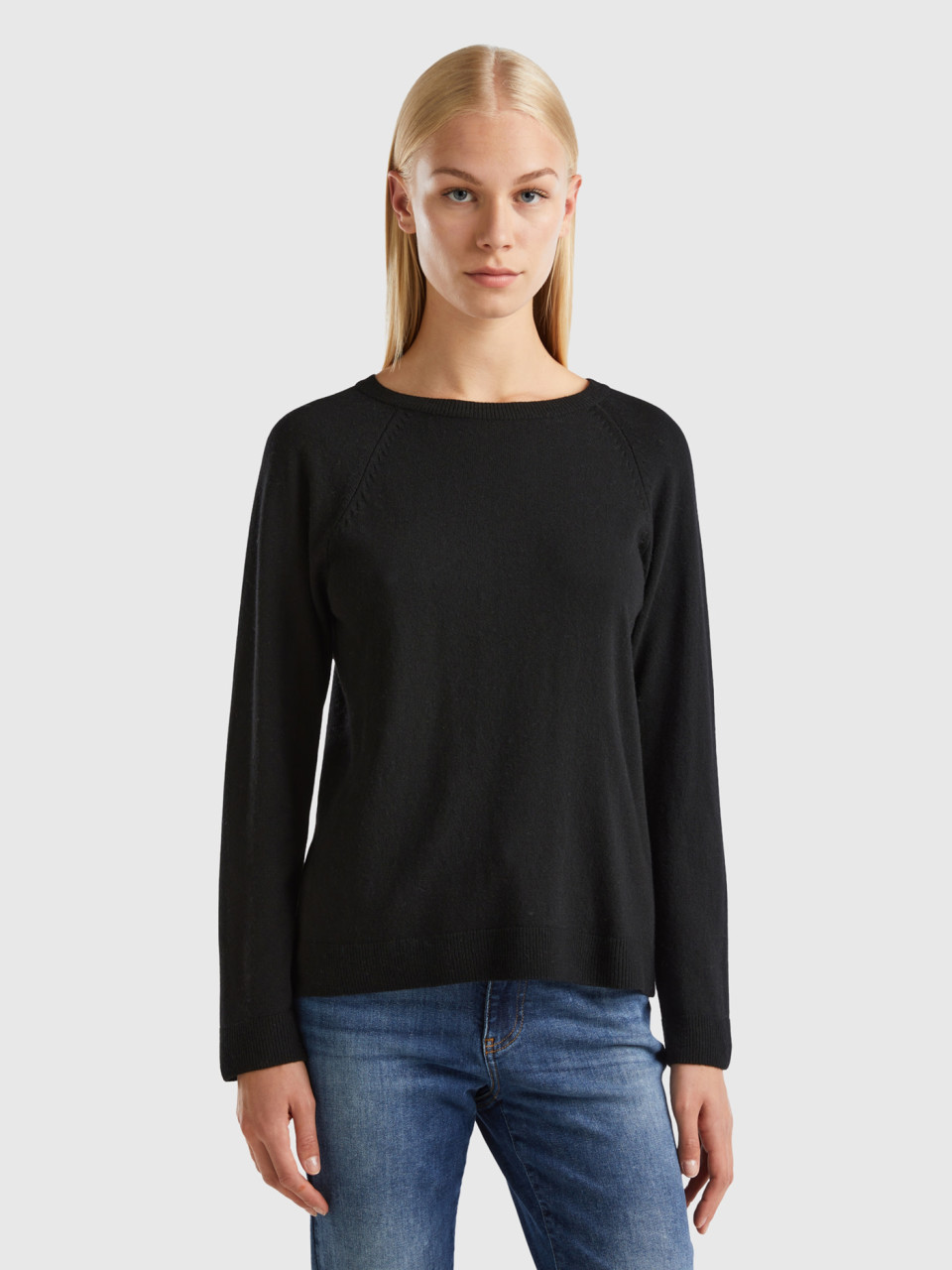 Benetton, Black Crew Neck Sweater In Cashmere And Wool Blend, Black, Women