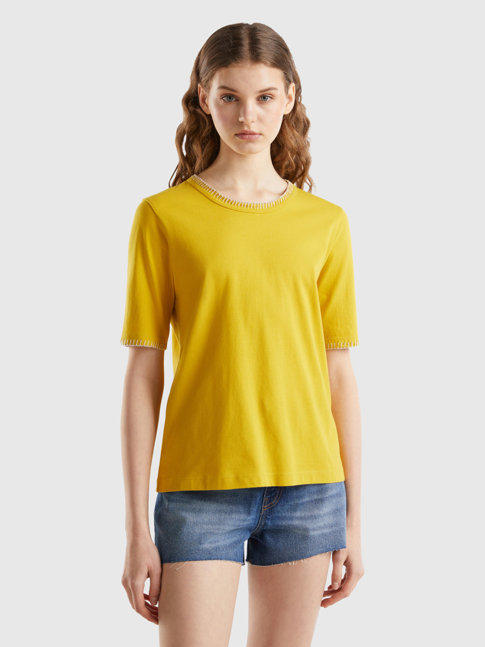 Benetton, Camiseta De Algodón Con Cuello Redondo, Amarillo, Mujer