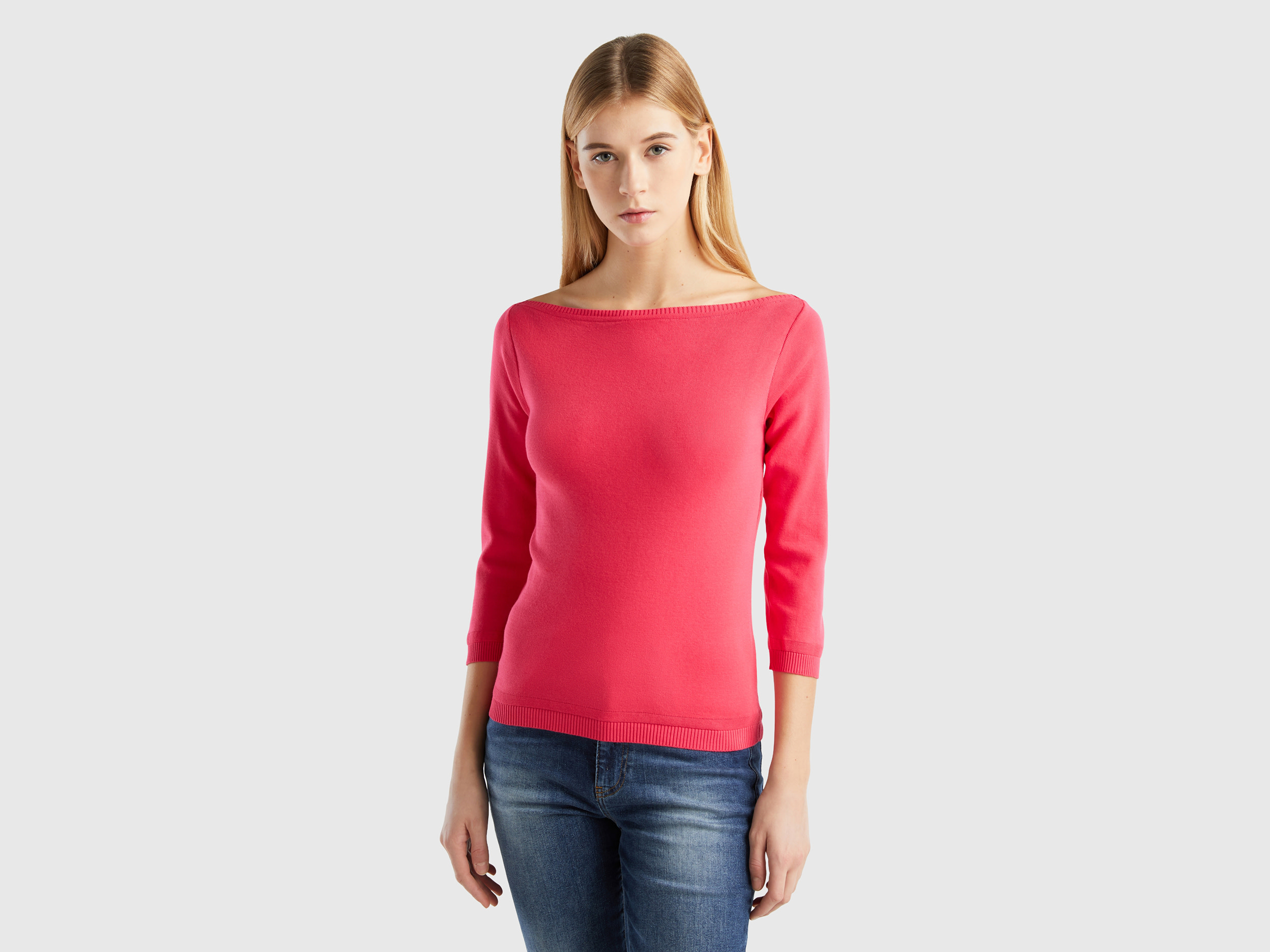 Benetton, 100% Cotton Boat Neck Sweater, size XS, Fuchsia, Women
