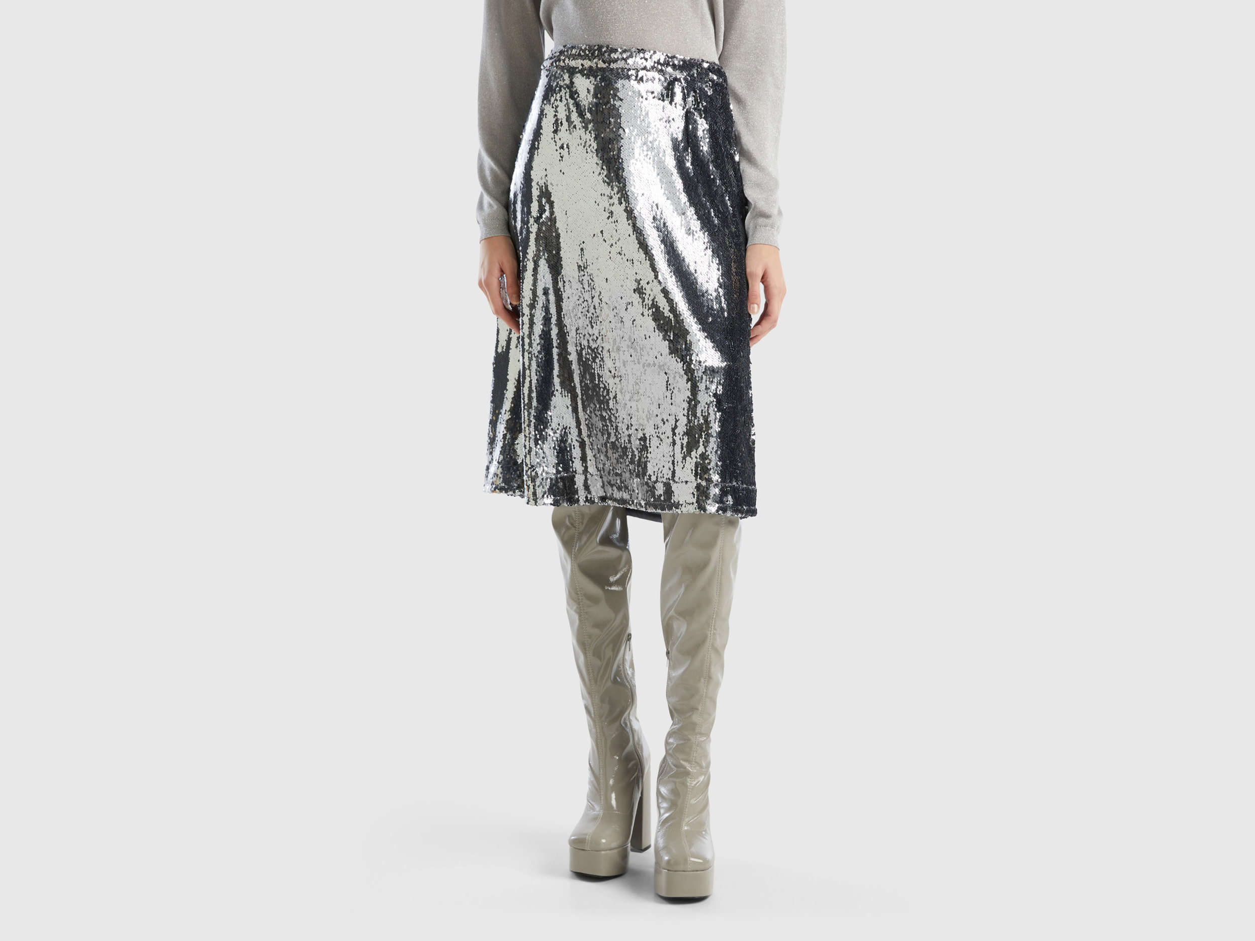 Benetton, Midi Skirt With Sequins, size 10, Silver, Women