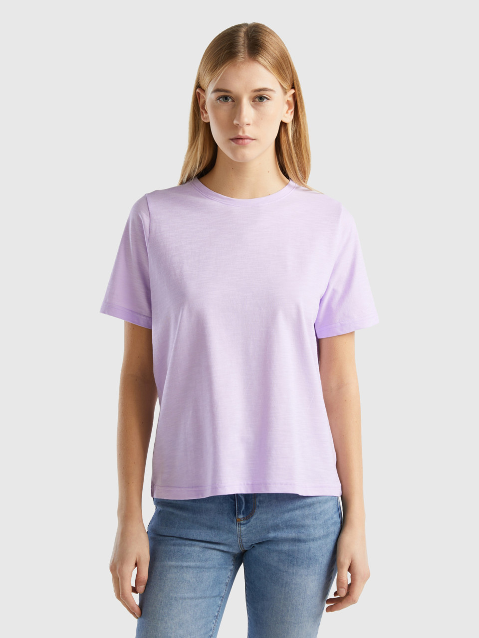 Benetton, Crew Neck T-shirt In Slub Cotton, Lilac, Women