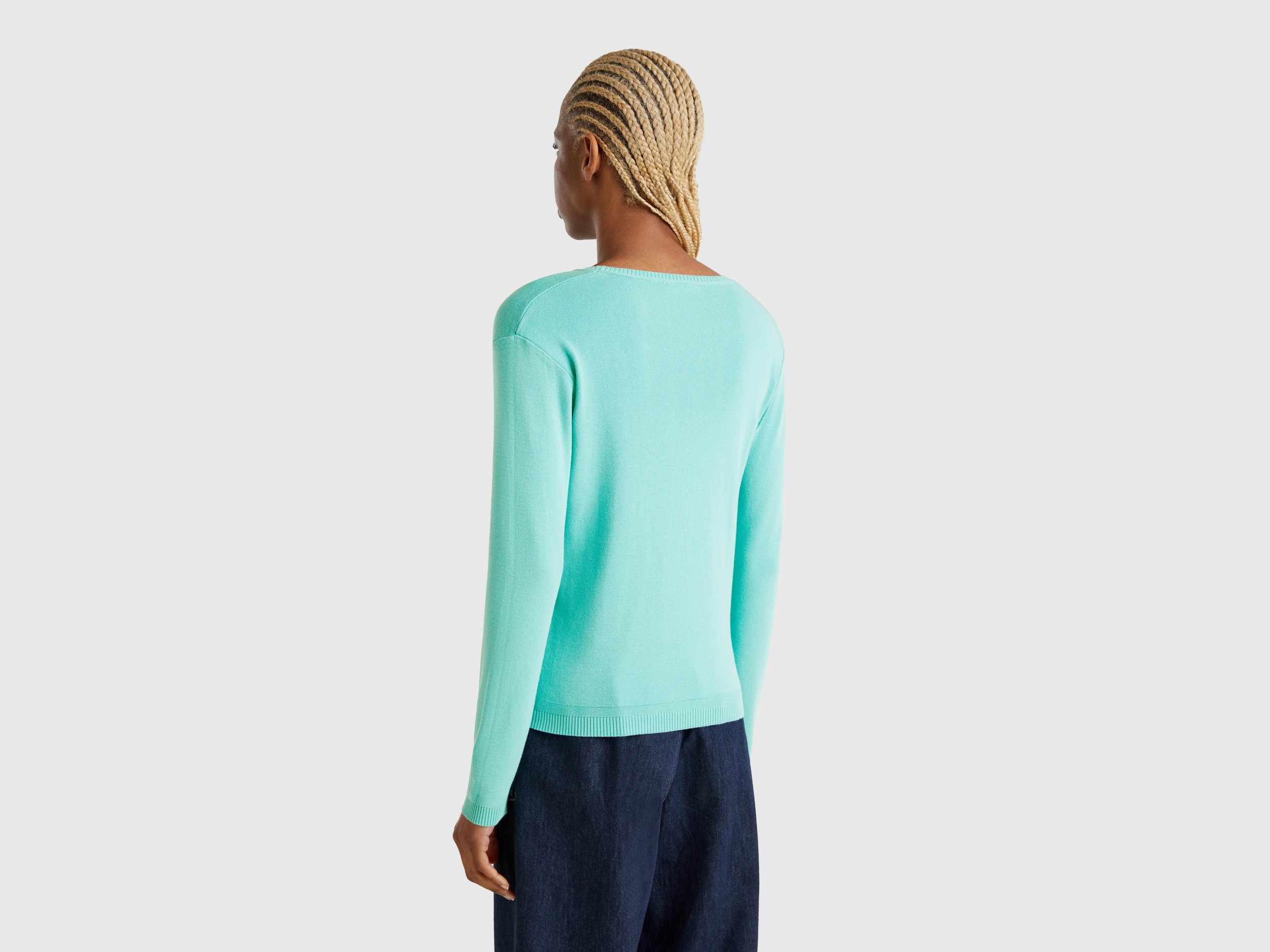 Benetton, Μπλούζα Με Λαιμόκοψη Από Αγνό Βαμβακερό, size S, Τιρκουαζ, Γυναικεία φωτογραφία