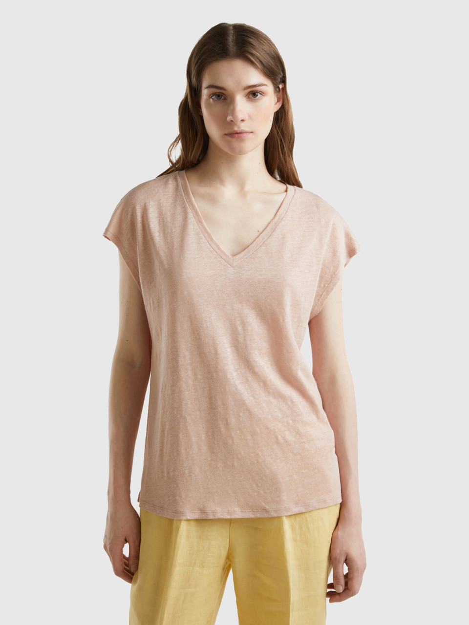 Benetton, V-neck T-shirt In Pure Linen, Soft Pink, Women