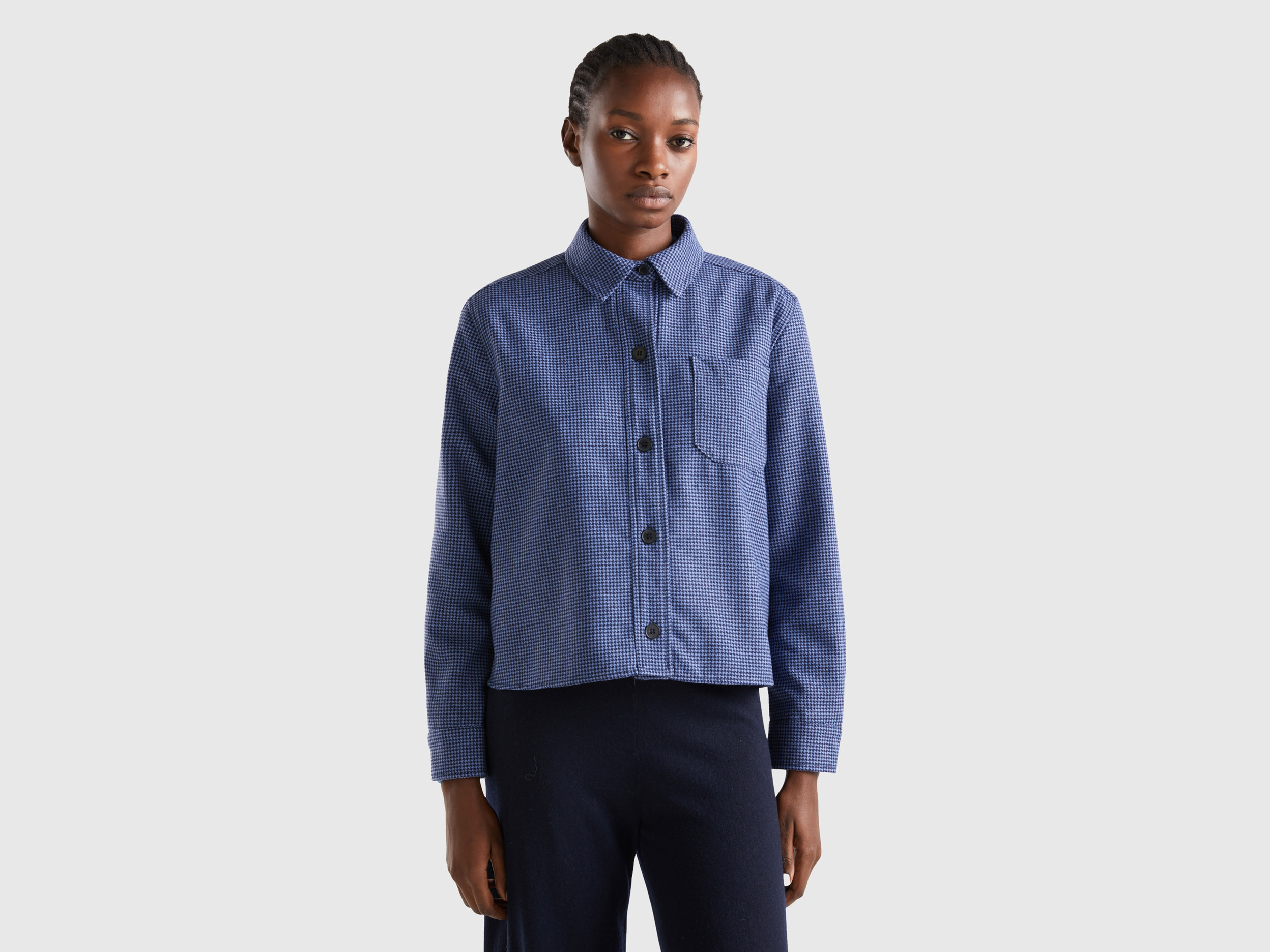 Benetton, Short Houndstooth Overshirt, size XL, Blue, Women
