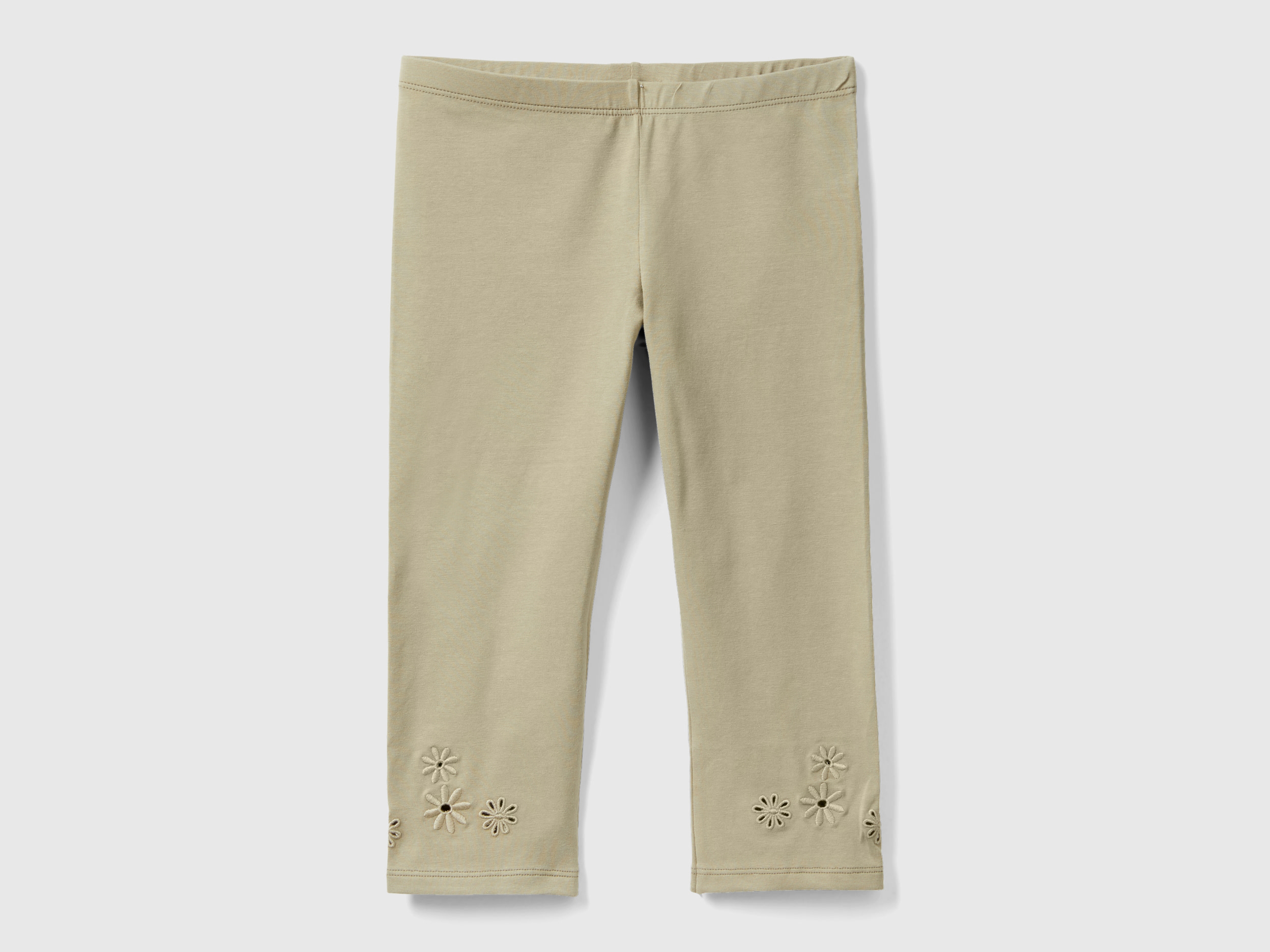 Benetton, Leggings 3/4 Con Fiori Ricamati, Verde Chiaro, Bambini