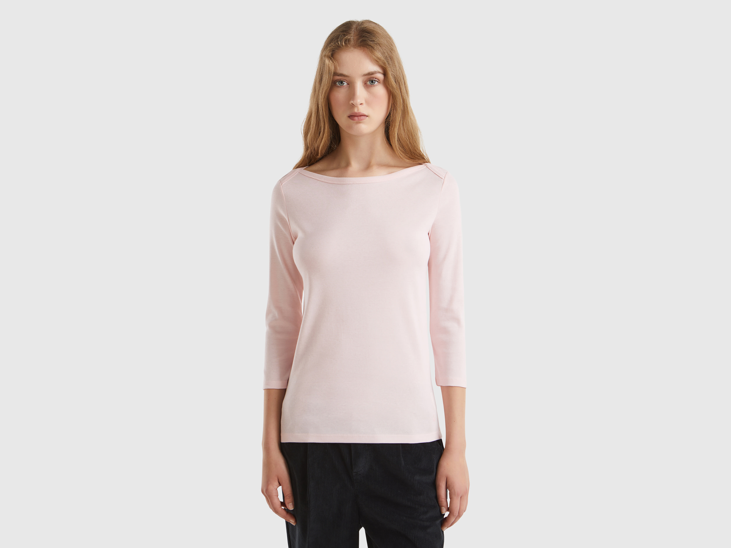 Benetton, T-shirt Con Scollo A Barchetta 100% Cotone, Rosa Pastello, Donna