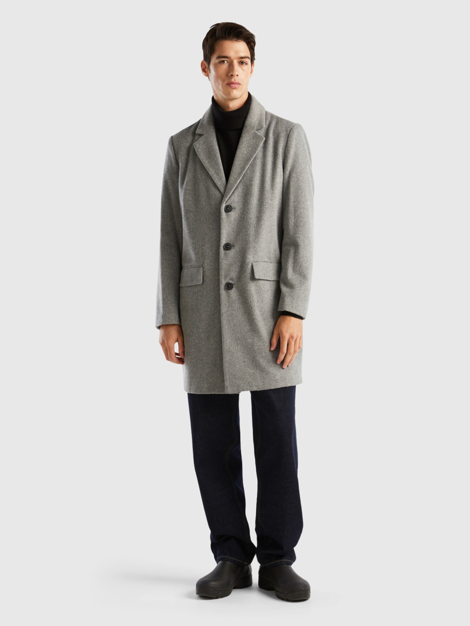 Benetton, Lined Coat In Wool Blend, Dark Gray, Men