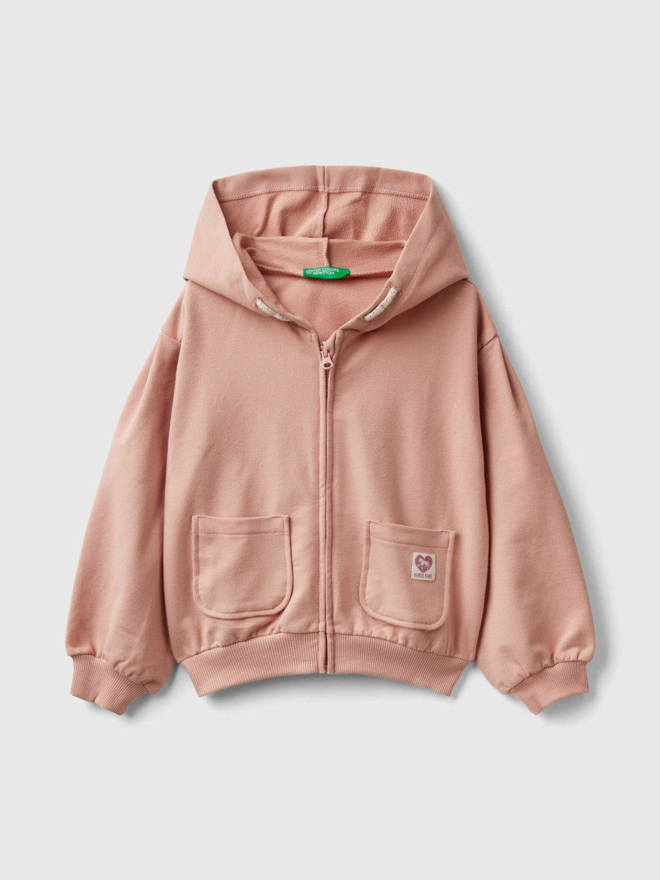 Benetton, Zip-up Sweatshirt In Stretch Organic Cotton, Soft Pink, Kids