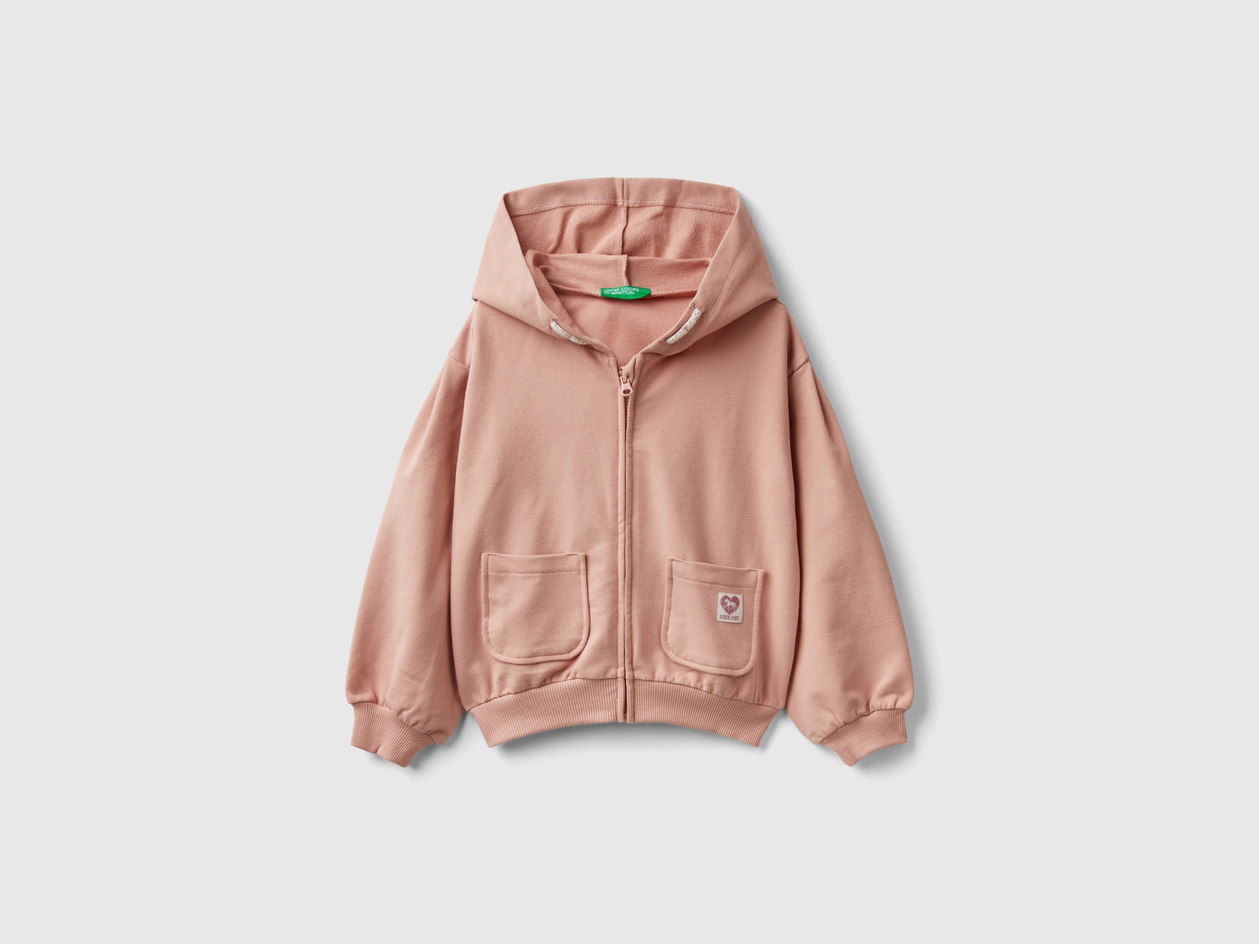Image of Benetton, Zip-up Sweatshirt In Stretch Organic Cotton, size 104, Soft Pink, Kids