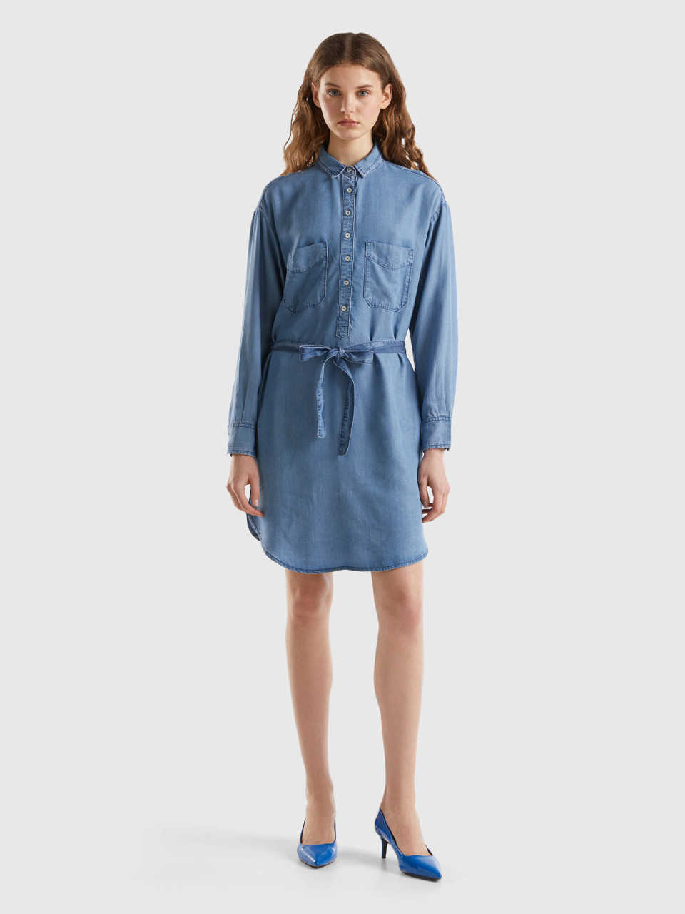 Benetton, Short Shirt Dress In Sustainable Viscose, Light Blue, Women