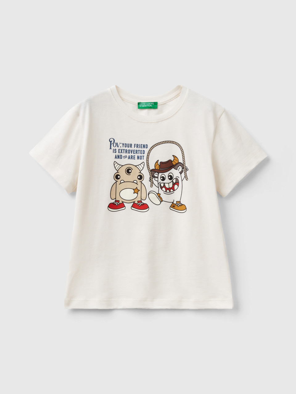 Benetton, Camiseta Con Estampado De Animalitos, Blanco Crema, Niños