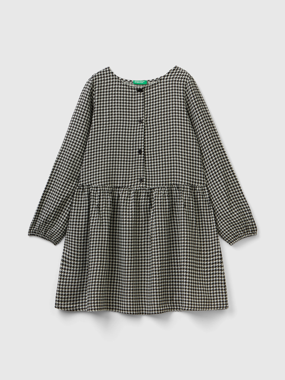 Benetton, Houndstooth Dress In Sustainable Viscose, Black, Kids