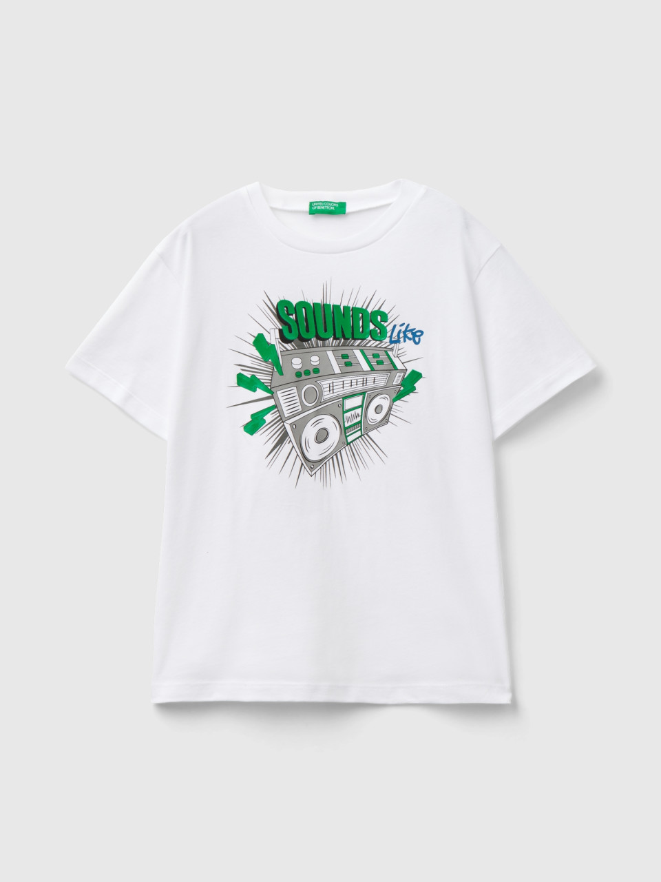 Benetton, Camiseta Con Estampado Engomado, Blanco, Niños