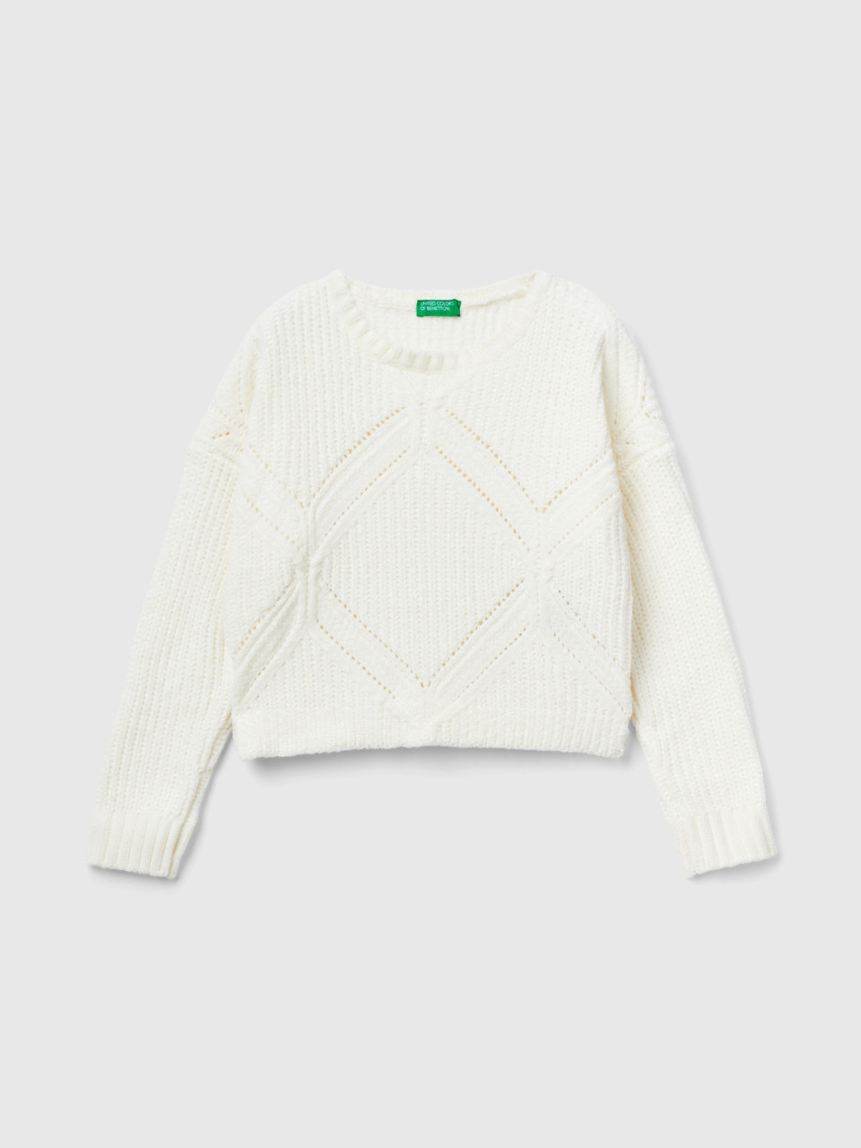 Benetton, Boxy Fit Chenille Sweater, Creamy White, Kids