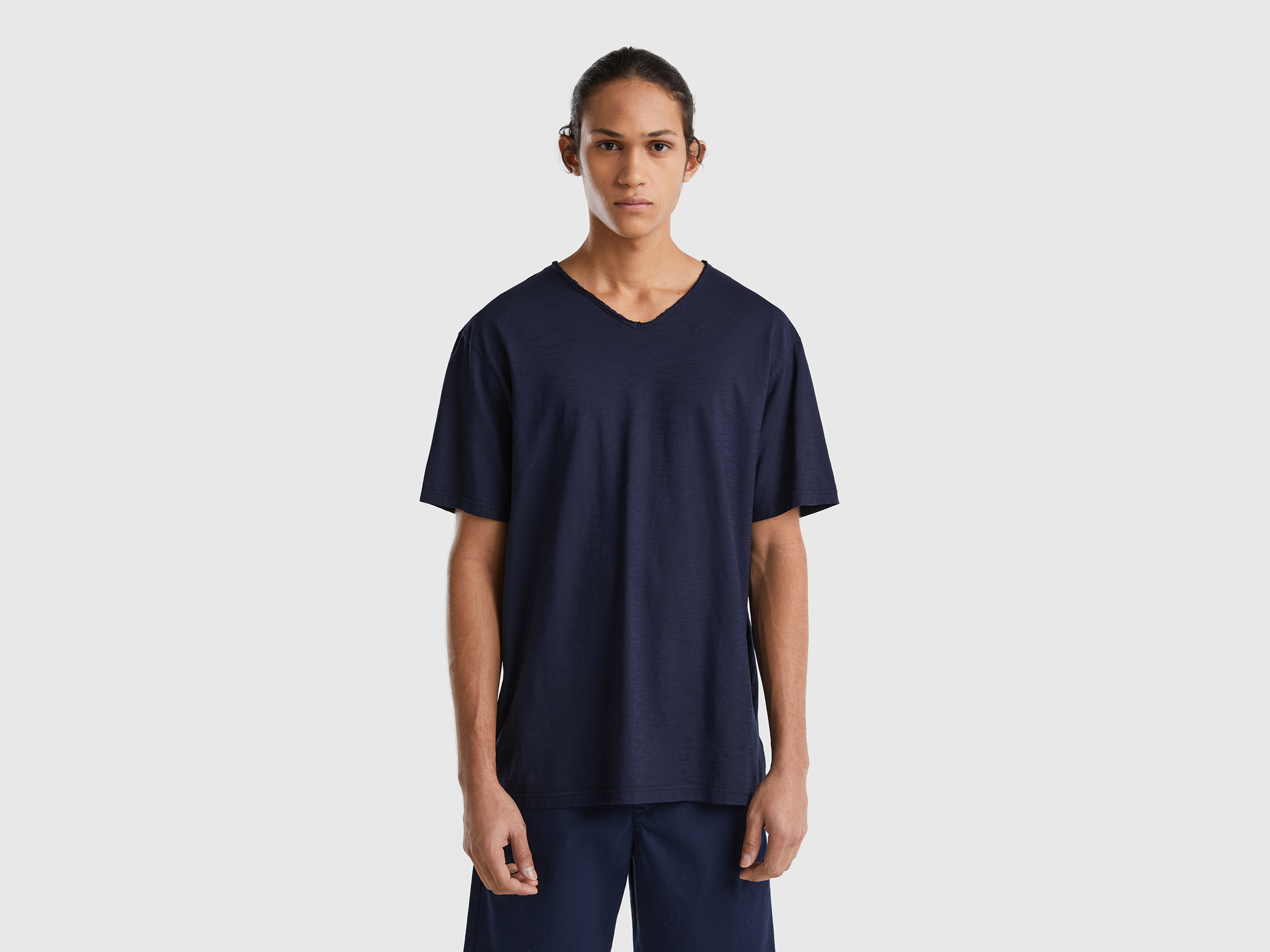 Benetton, V-neck T-shirt In 100% Cotton, size XL, Dark Blue, Men