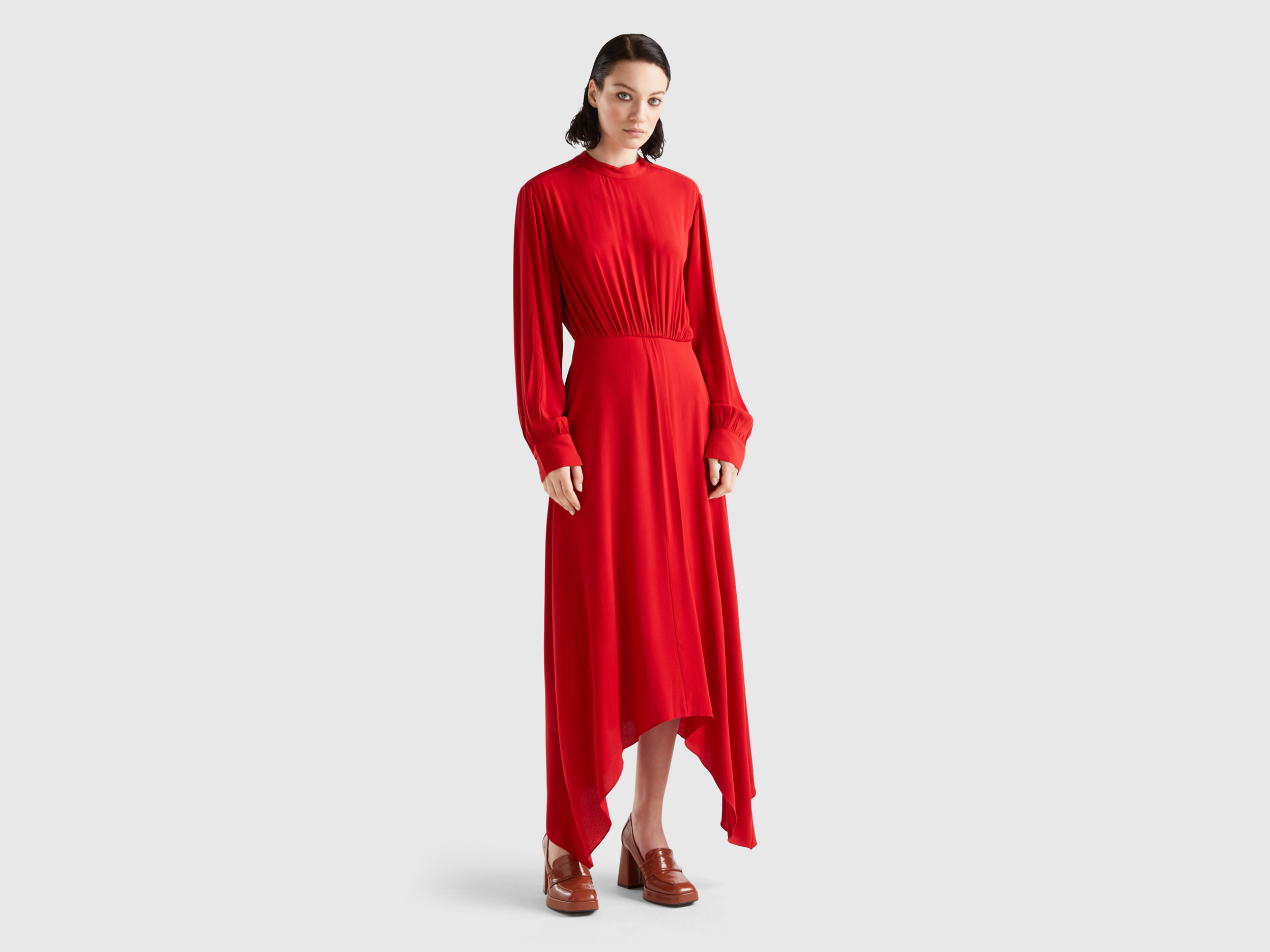 Benetton, Long Dress In Flowy Viscose, size XL, Red, Women