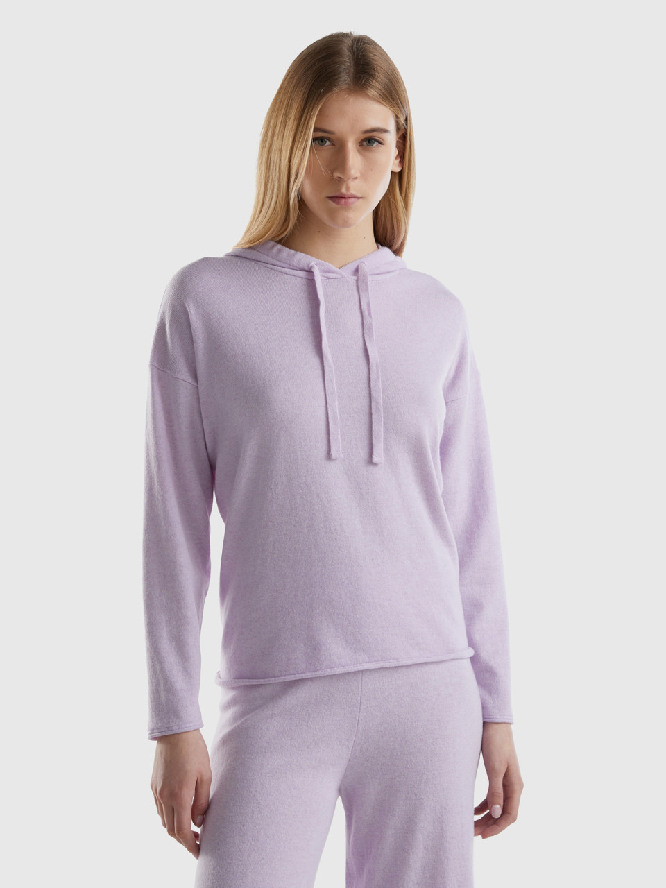 Benetton, Light Lilac Cashmere Blend Sweater With Hood, Lilac, Women