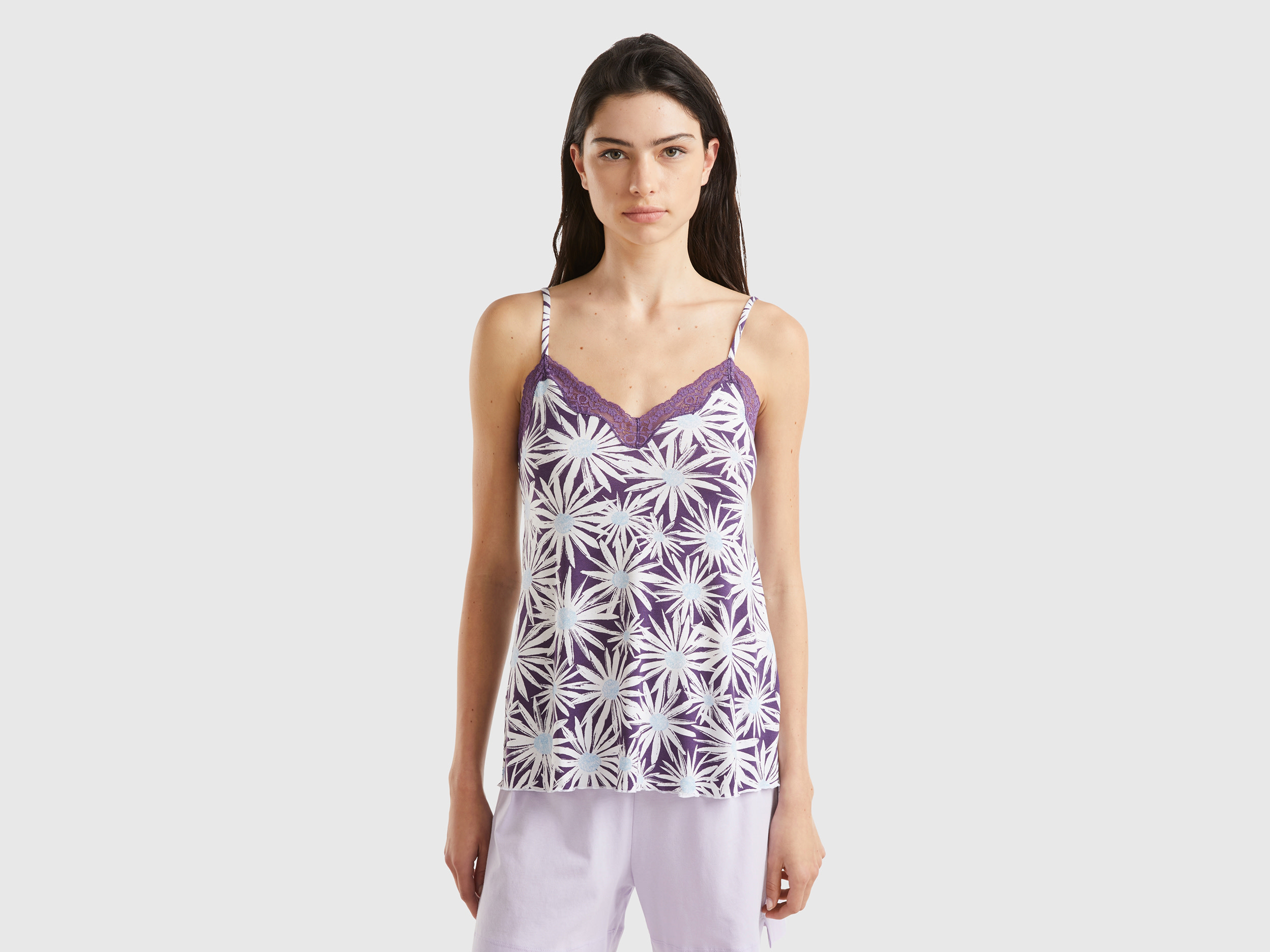 Benetton, Canotta A Fiori In Viscosa Stretch, Viola, Donna